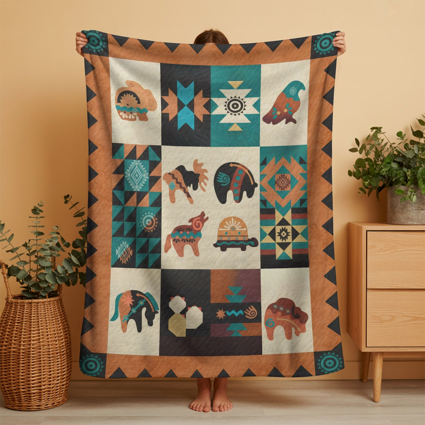 Handmade Native-Inspired Blanket with Elephant and Tribal Patterns