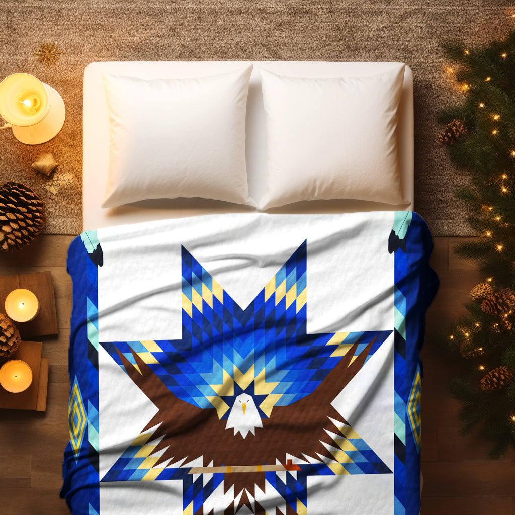 Native Star Quilt Blanket - White & Blue Eagle Morning Star Design