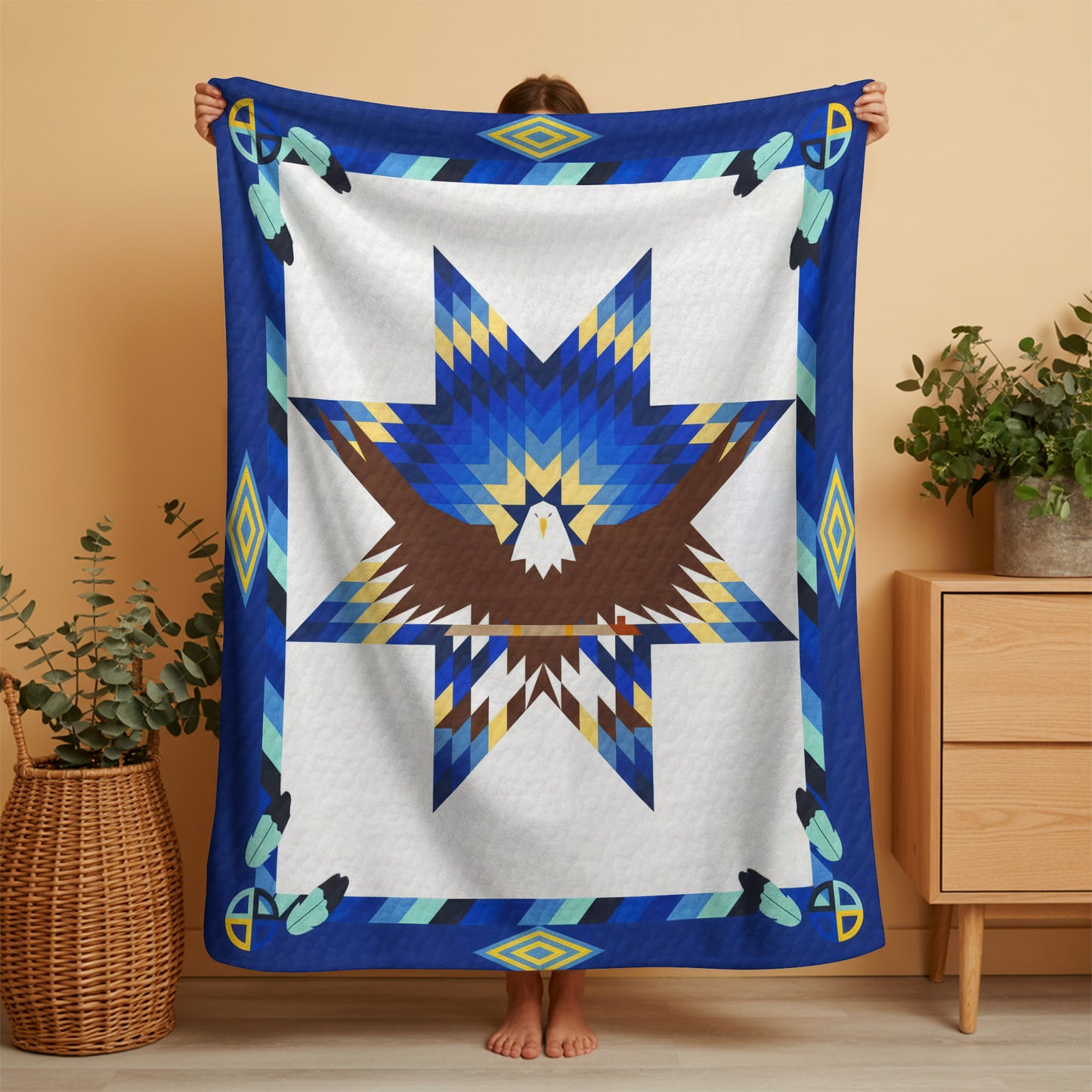 Native Star Quilt Blanket - White & Blue Eagle Morning Star Design