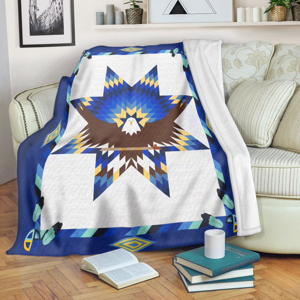 Native Star Quilt Blanket - White & Blue Eagle Morning Star Design