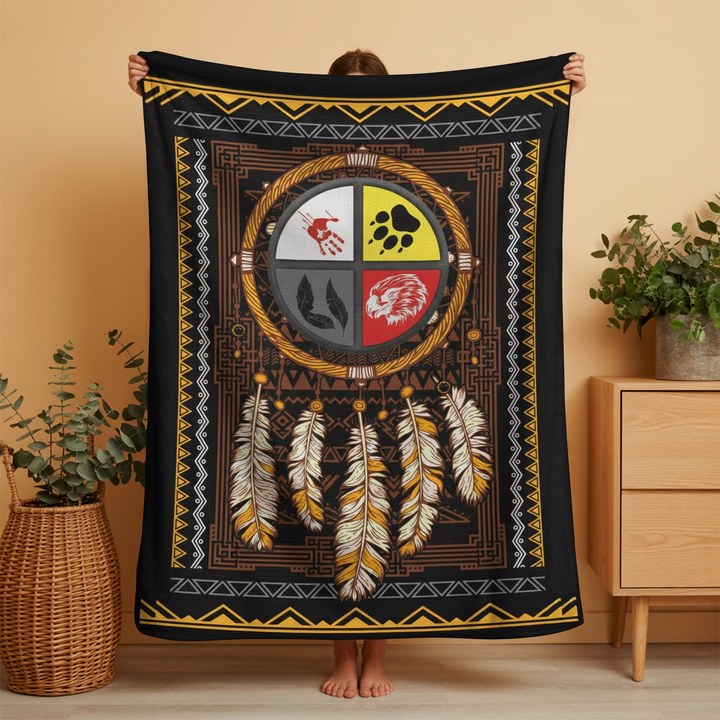 Four Directions Medicine Wheel Blanket - Native American Dreamcatcher Design