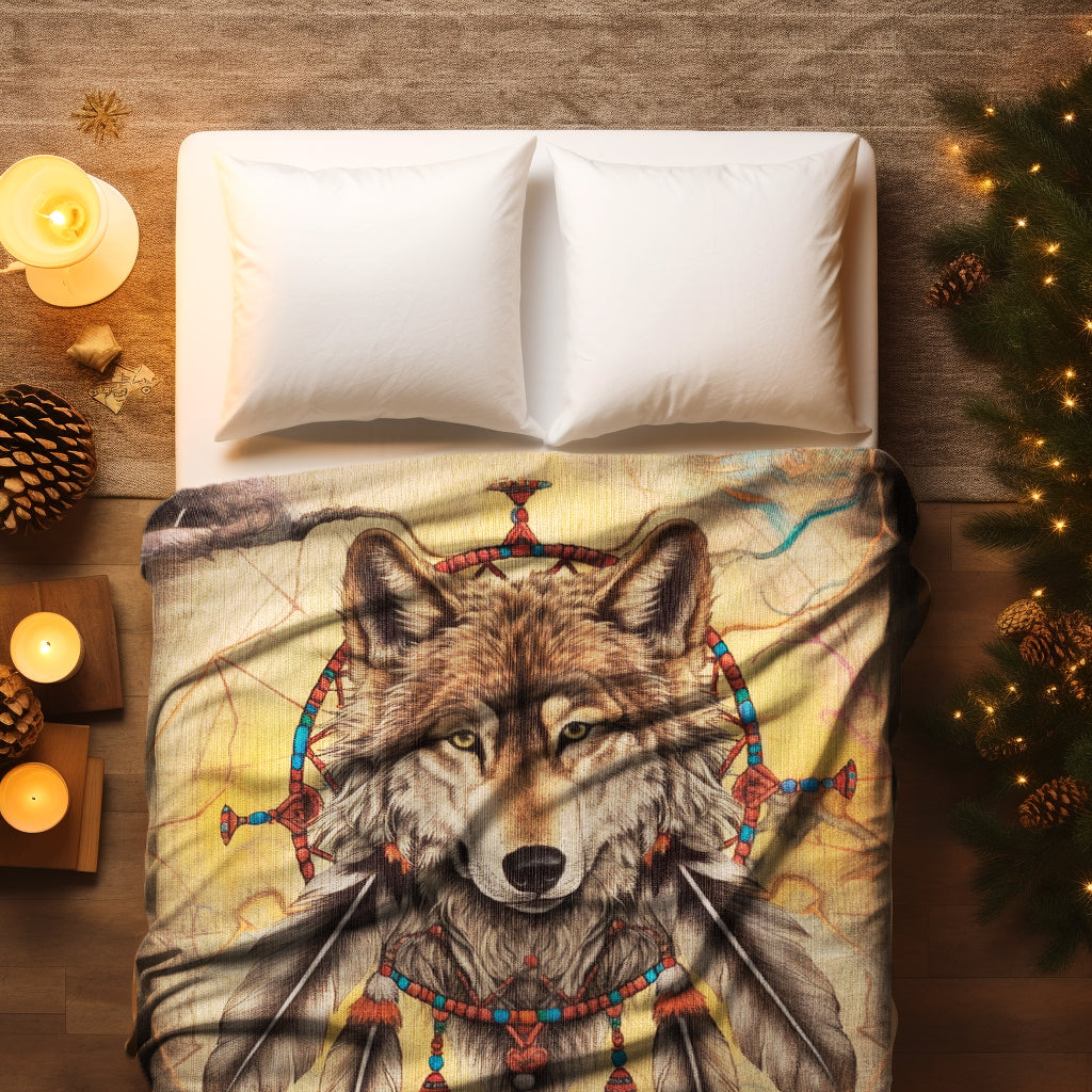 Wolf Dreamcatcher Spirit Blanket - Native-Inspired Tribal Design