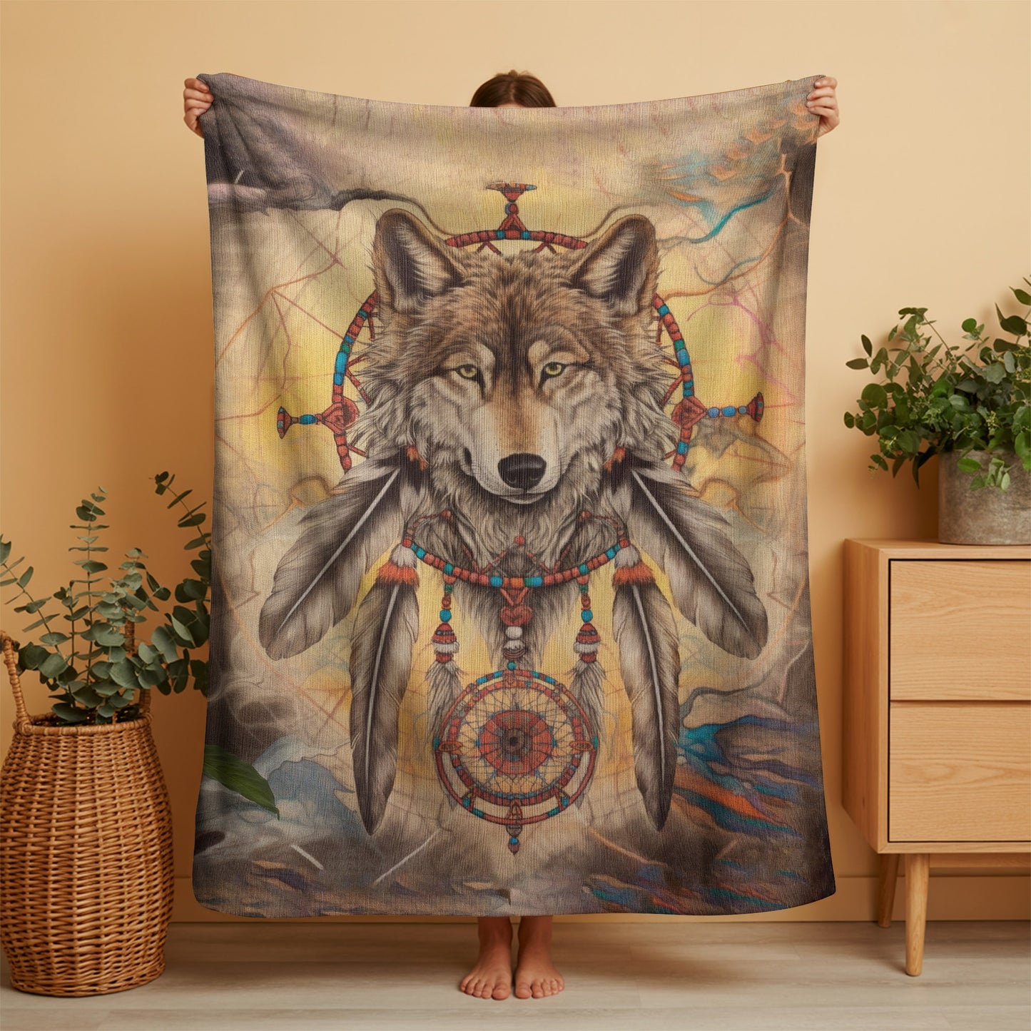 Wolf Dreamcatcher Spirit Blanket - Native-Inspired Tribal Design