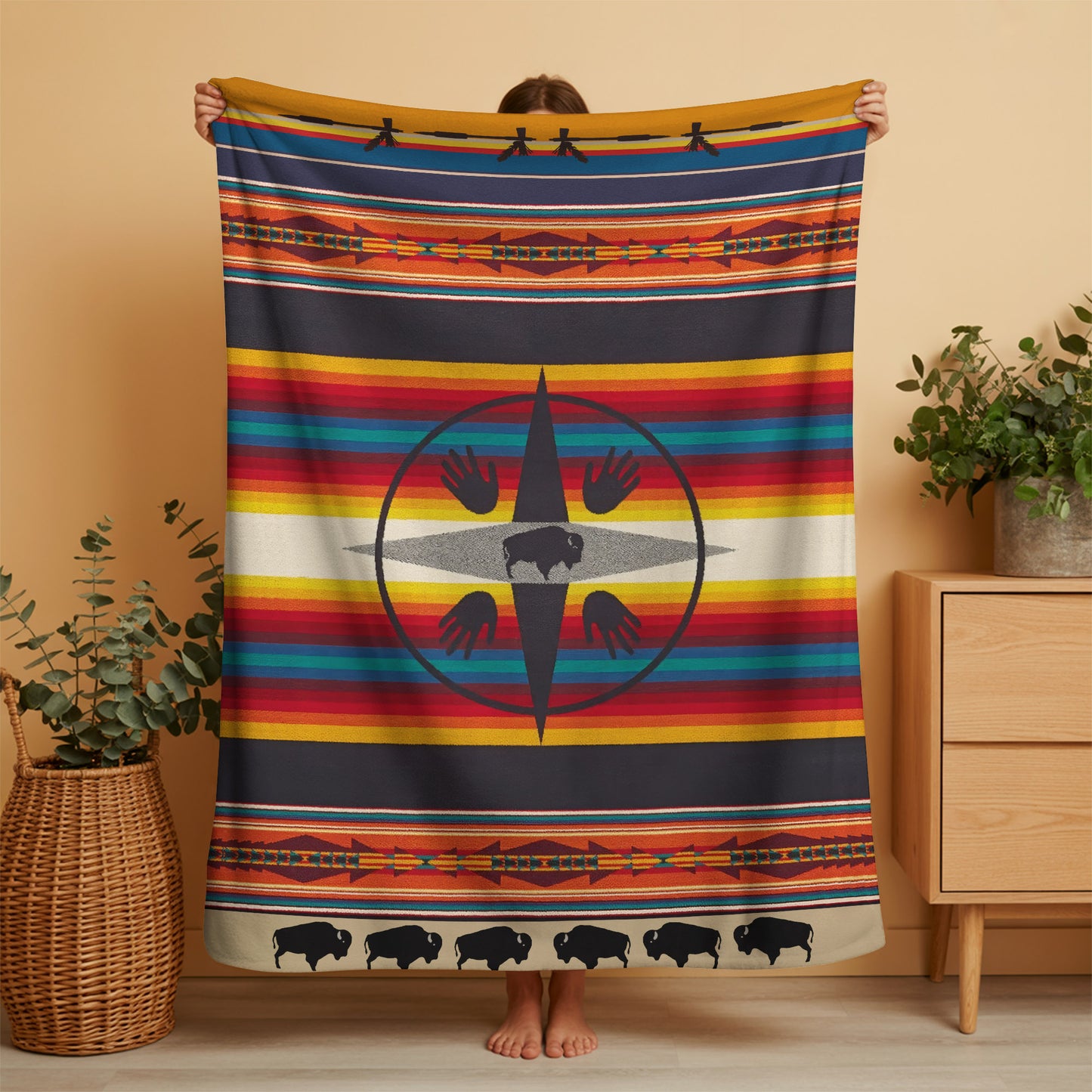 Buffalo Spirit Compass Blanket - Native American Inspired Stripes & Symbols