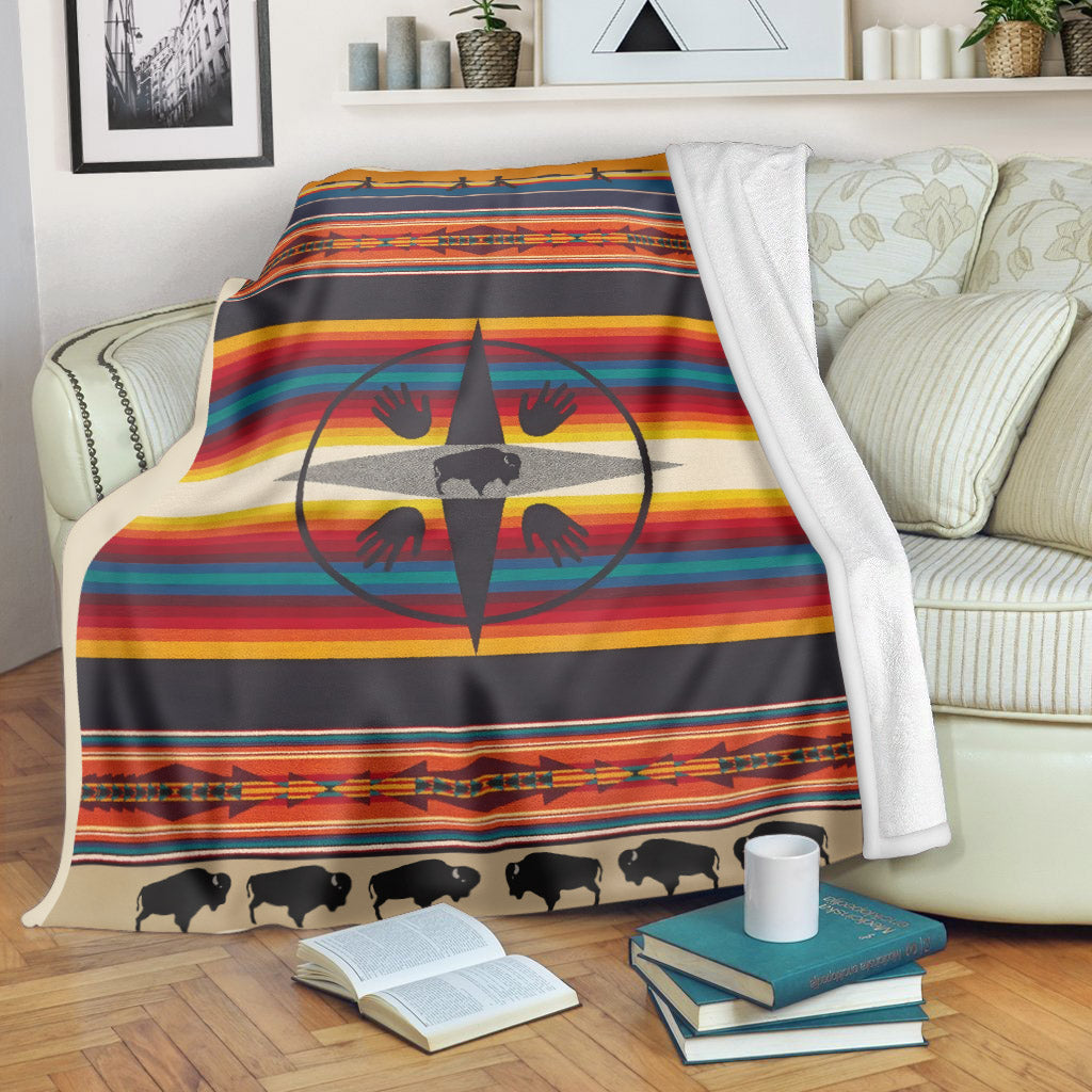 Buffalo Spirit Compass Blanket - Native American Inspired Stripes & Symbols