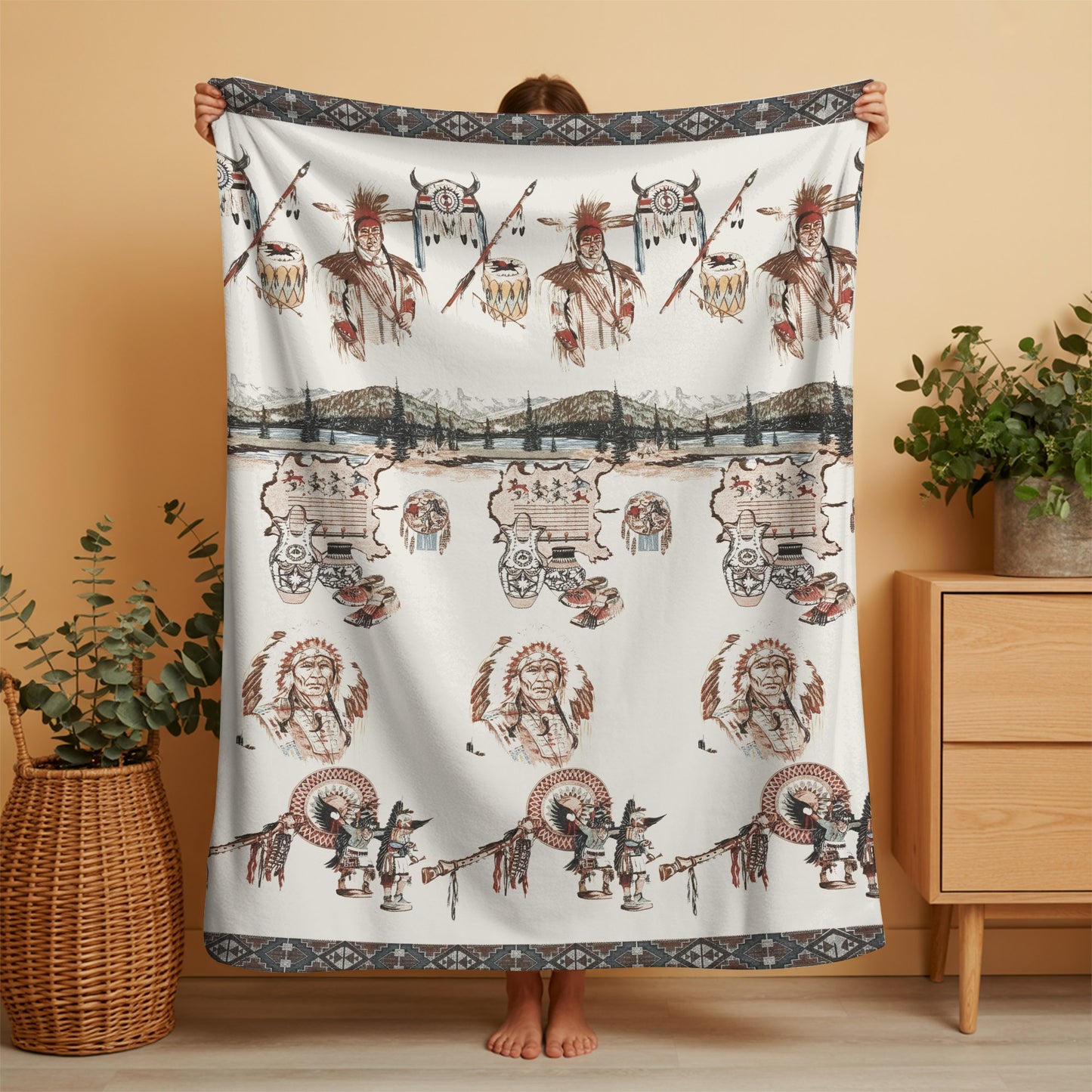 Native American Vintage Spirit Blanket - Tribal Chief & Cultural Symbols Throw