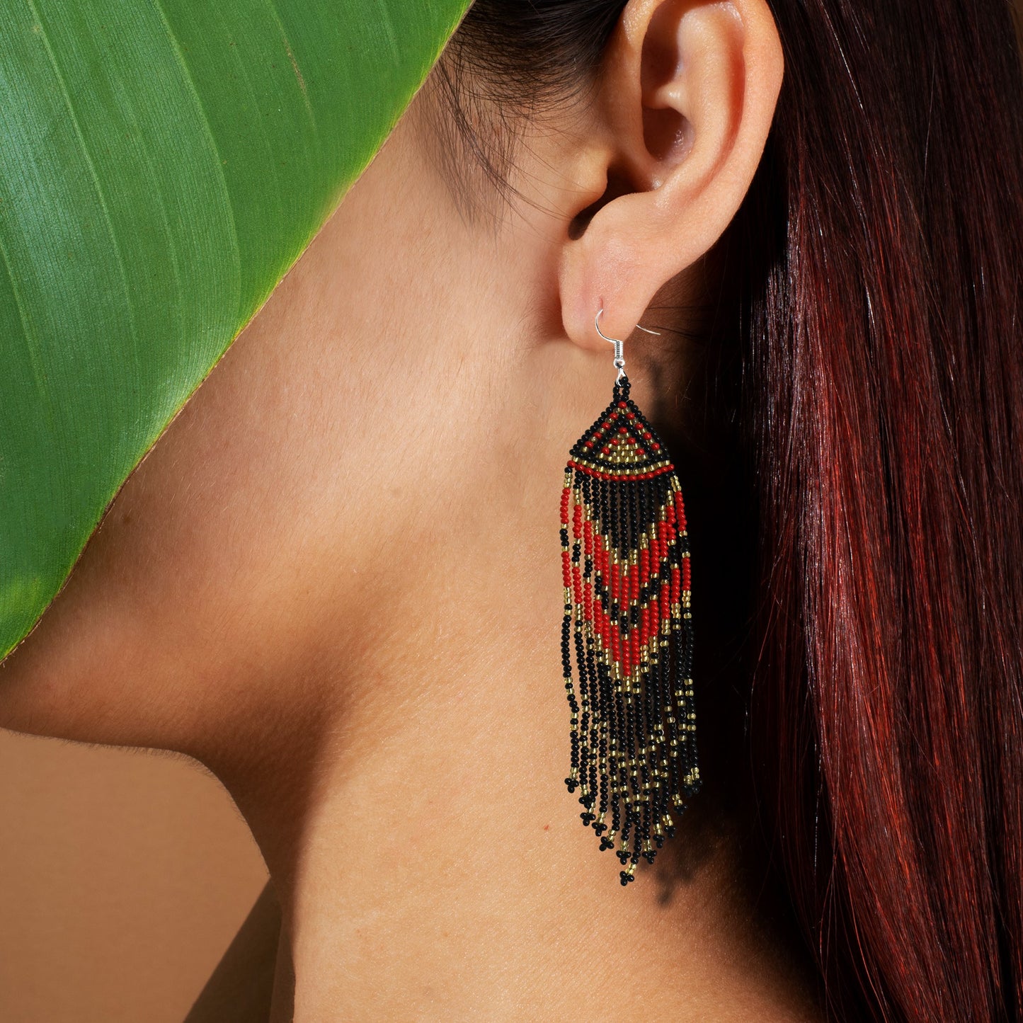 Red Black Long Beaded Handmade Earrings For Women