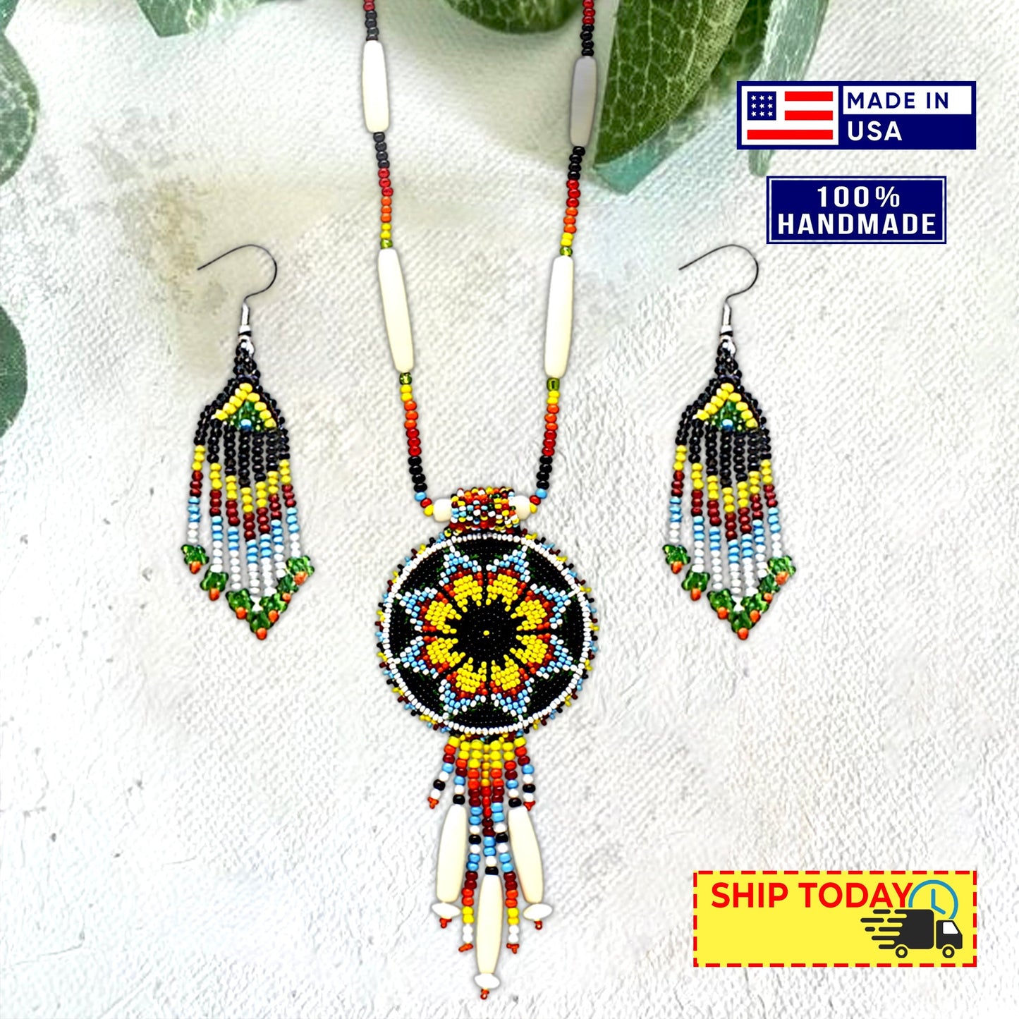 Black Yellow Seed Bead Long Star Medallion Handmade Necklace Earrings Set