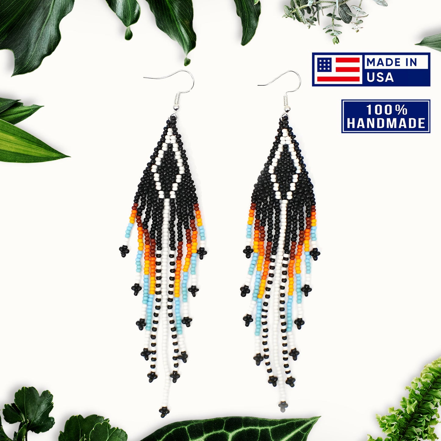 Black Multi-Color Hook Pattern Beaded Handmade Earrings For Women