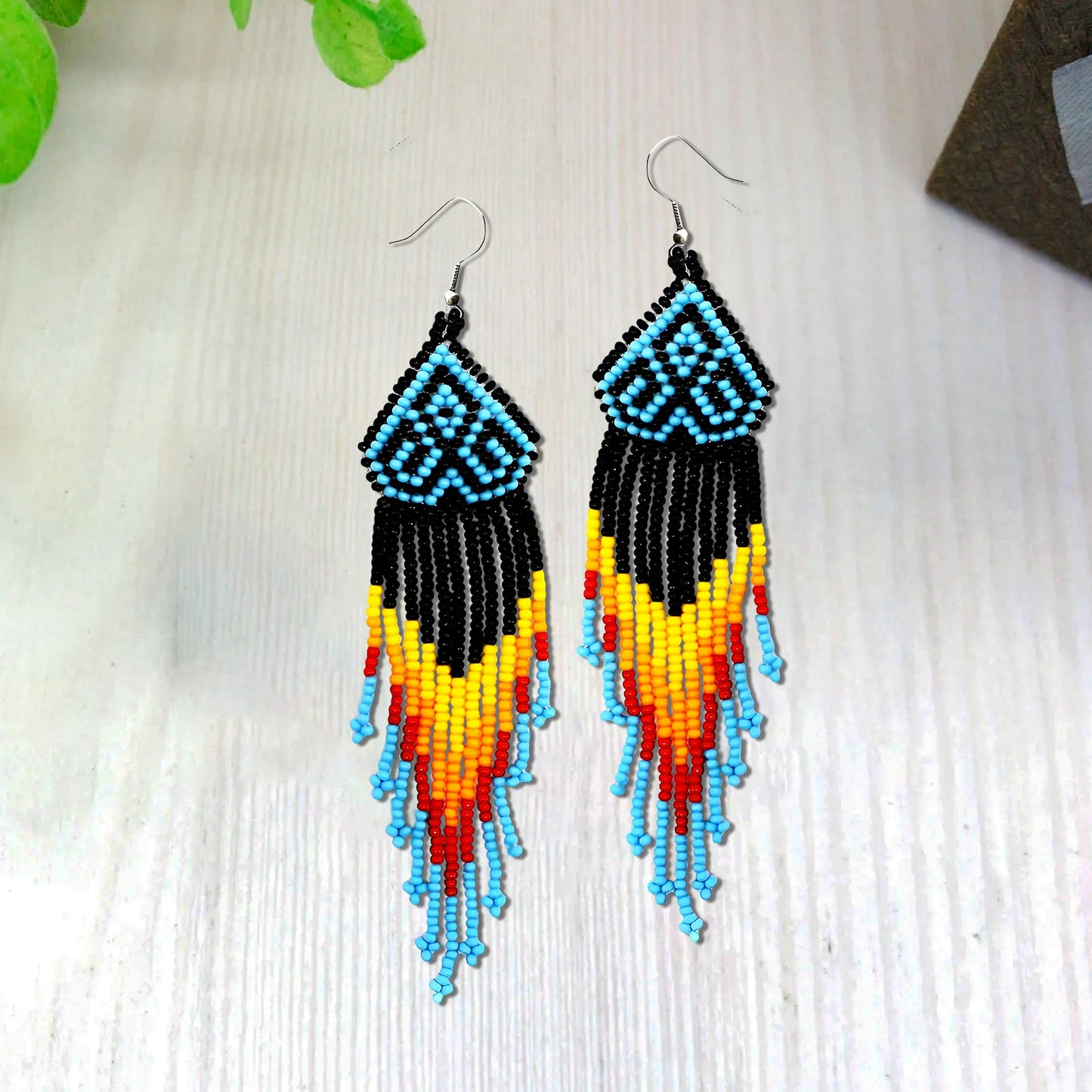 Black Multicolored Long Pattern Beaded Handmade Earrings For Women