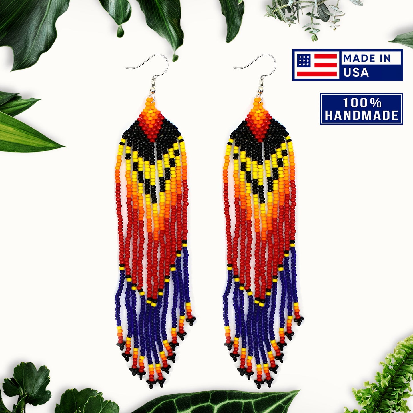 Blue Red Ethnic Beaded Handmade Earrings For Women