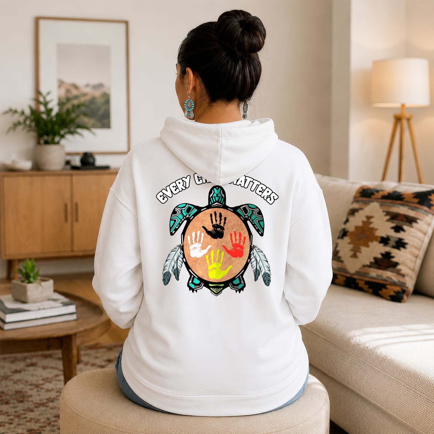 Every Child Matters Feather Hand Color On Turtle - Two sides - Unisex T-shirt/V-neck T-shirt/Hoodie/Sweatshirt