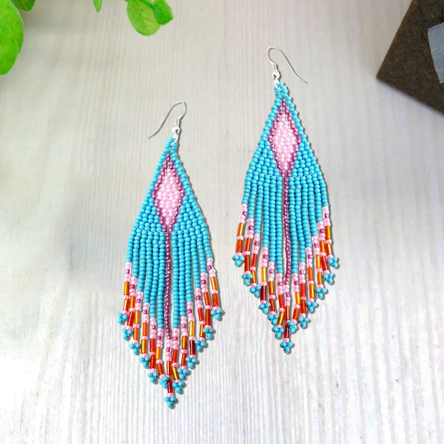 Turquoise Blue Seed Pattern Beaded Handmade Earrings For Women