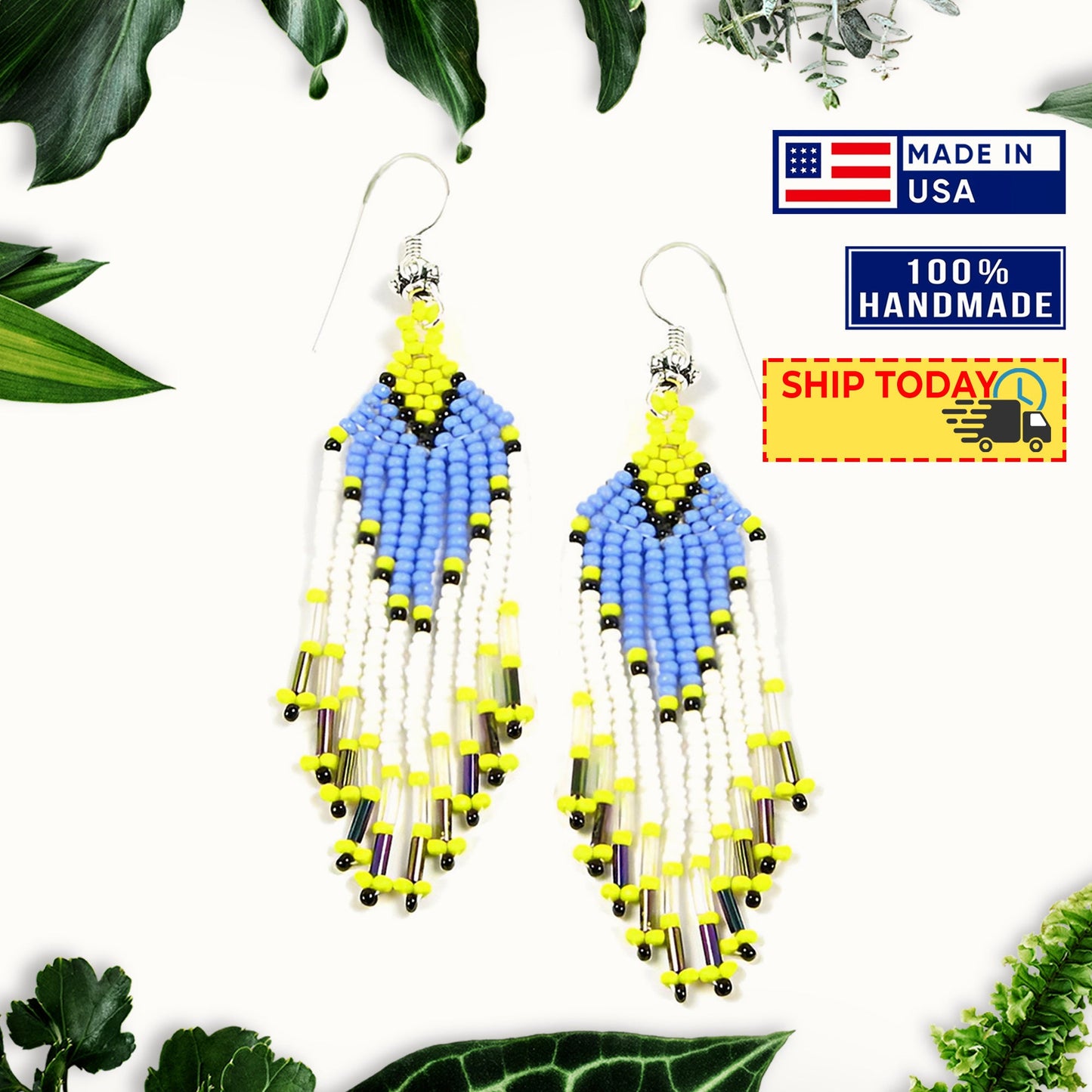 Turquoise White Yellow Beaded Handmade Earrings For Women