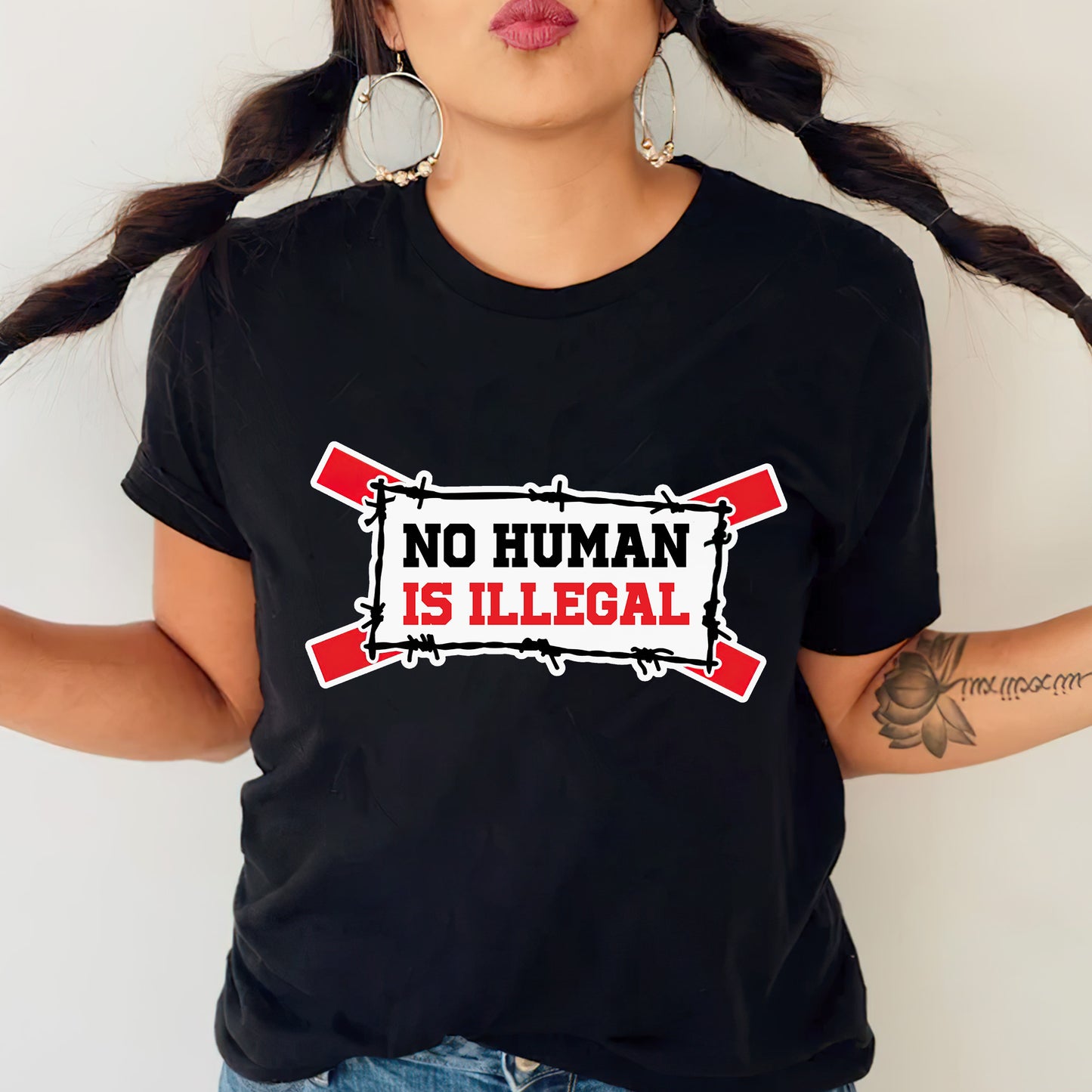 No Human Is Illegal Unisex T-Shirt/T-Shirt V-Neck/Hoodie/Sweatshirt - Empowerment for Immigrant Rights, Support for Human Dignity