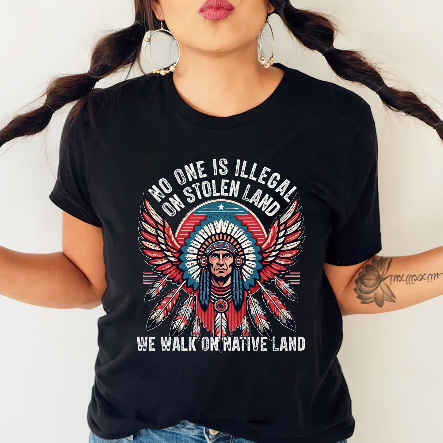 No One Is Illegal On Stolen Land Native Chief Headdress Unisex T-Shirt/T-Shirt V-Neck/Hoodie/Sweatshirt
