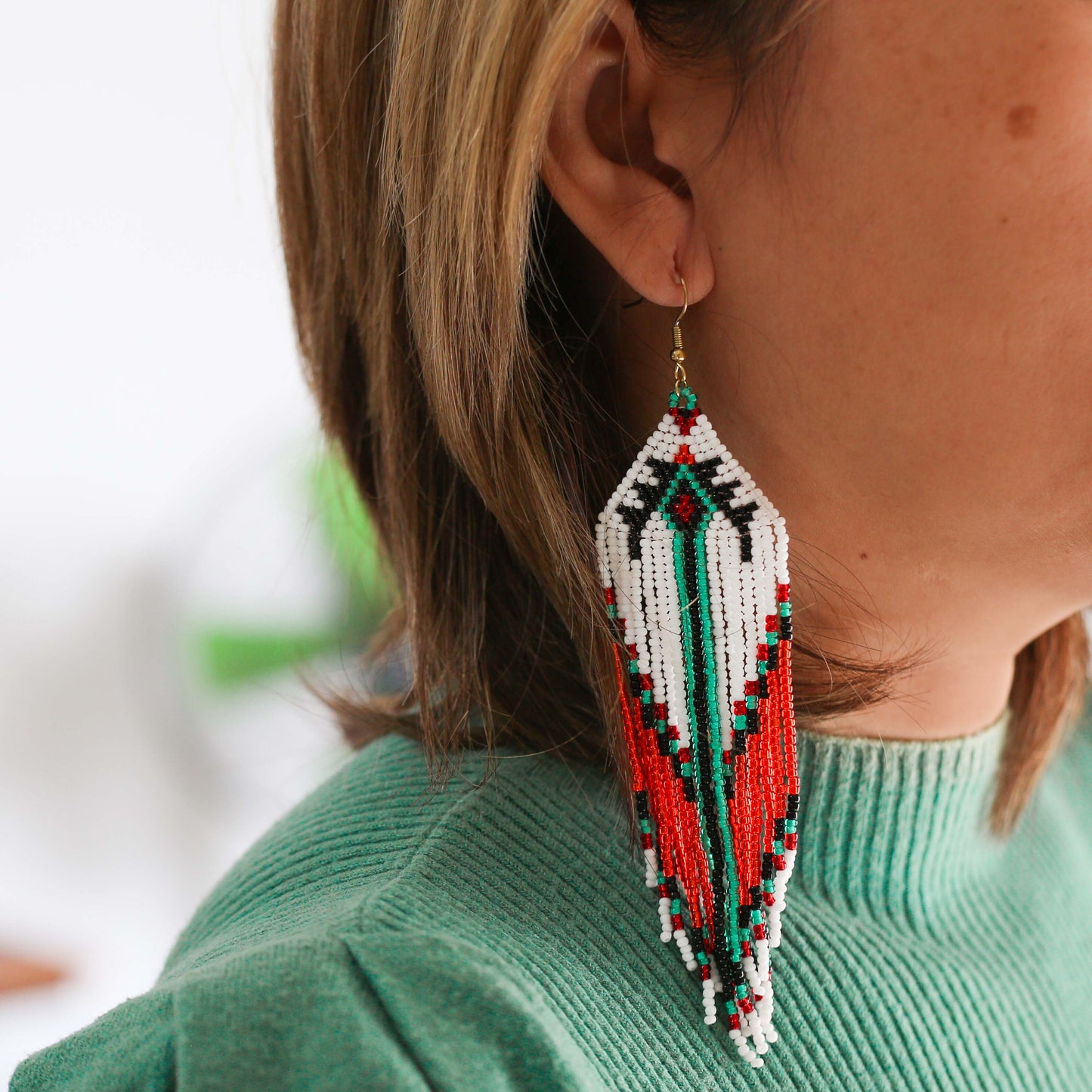 Handmade Native Beaded Tassel Earrings – Red, White, and Green