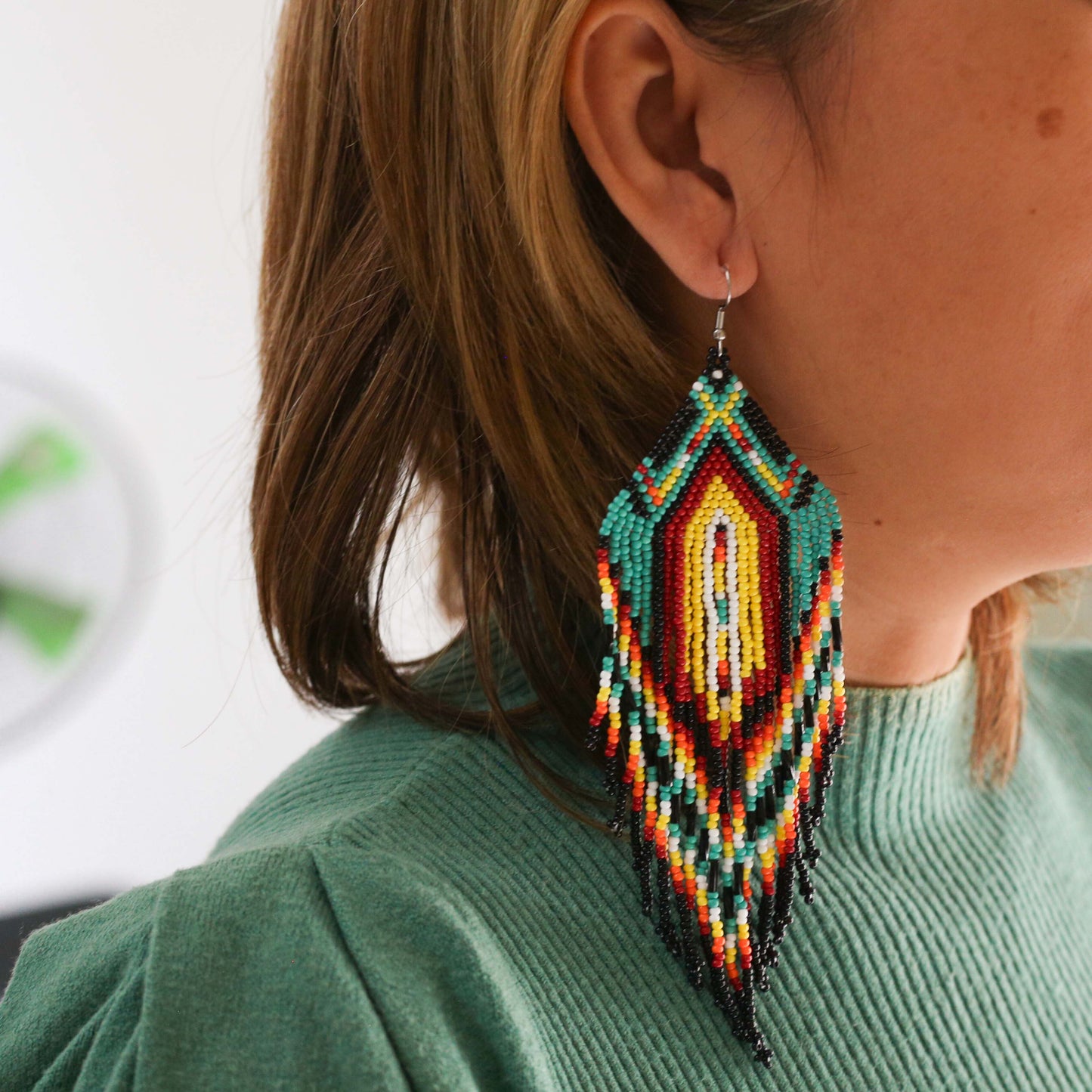 Sacred Feather Beaded Earrings – Vibrant Red, Green, and Yellow with Black Tassels