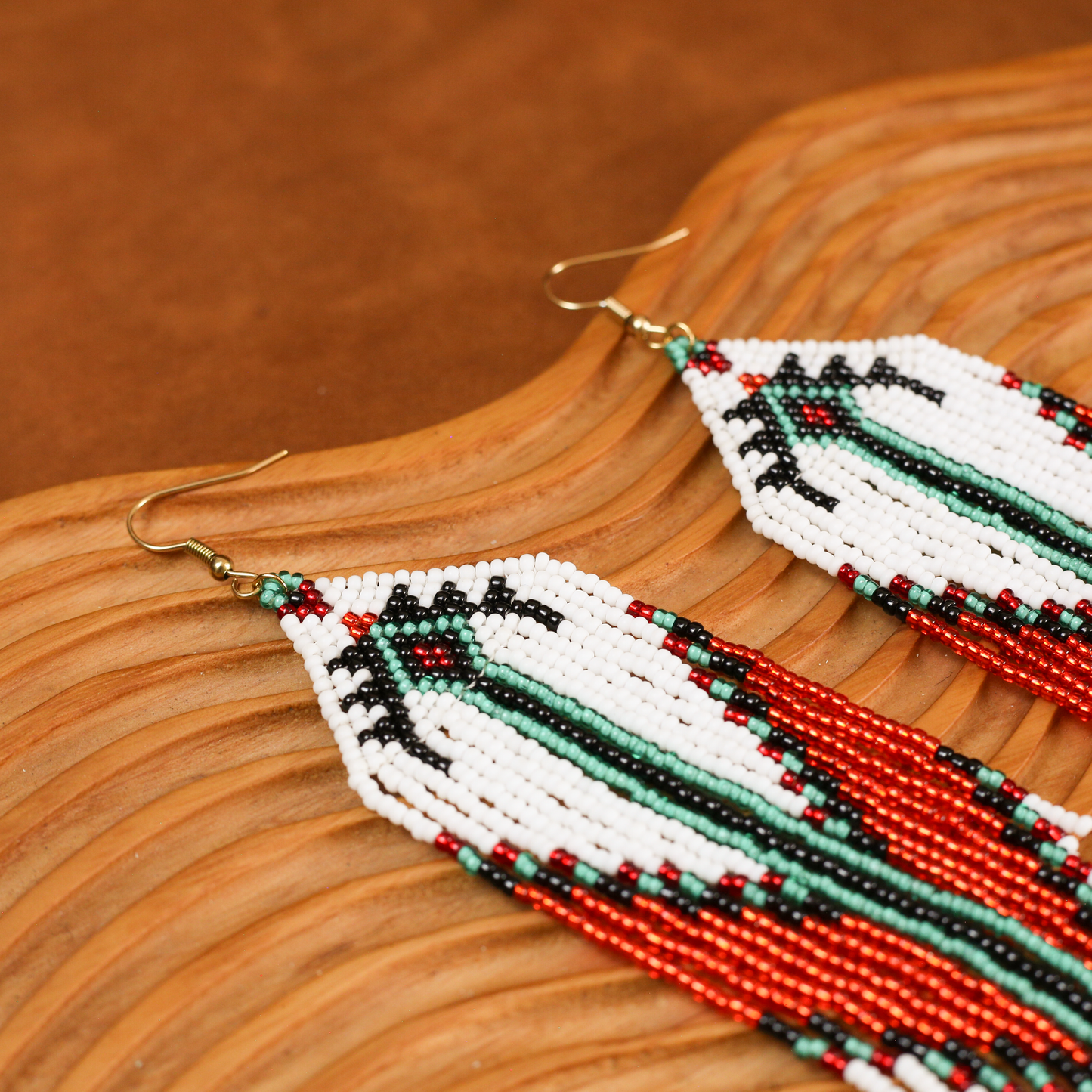 Handmade Native Beaded Tassel Earrings – Red, White, and Green