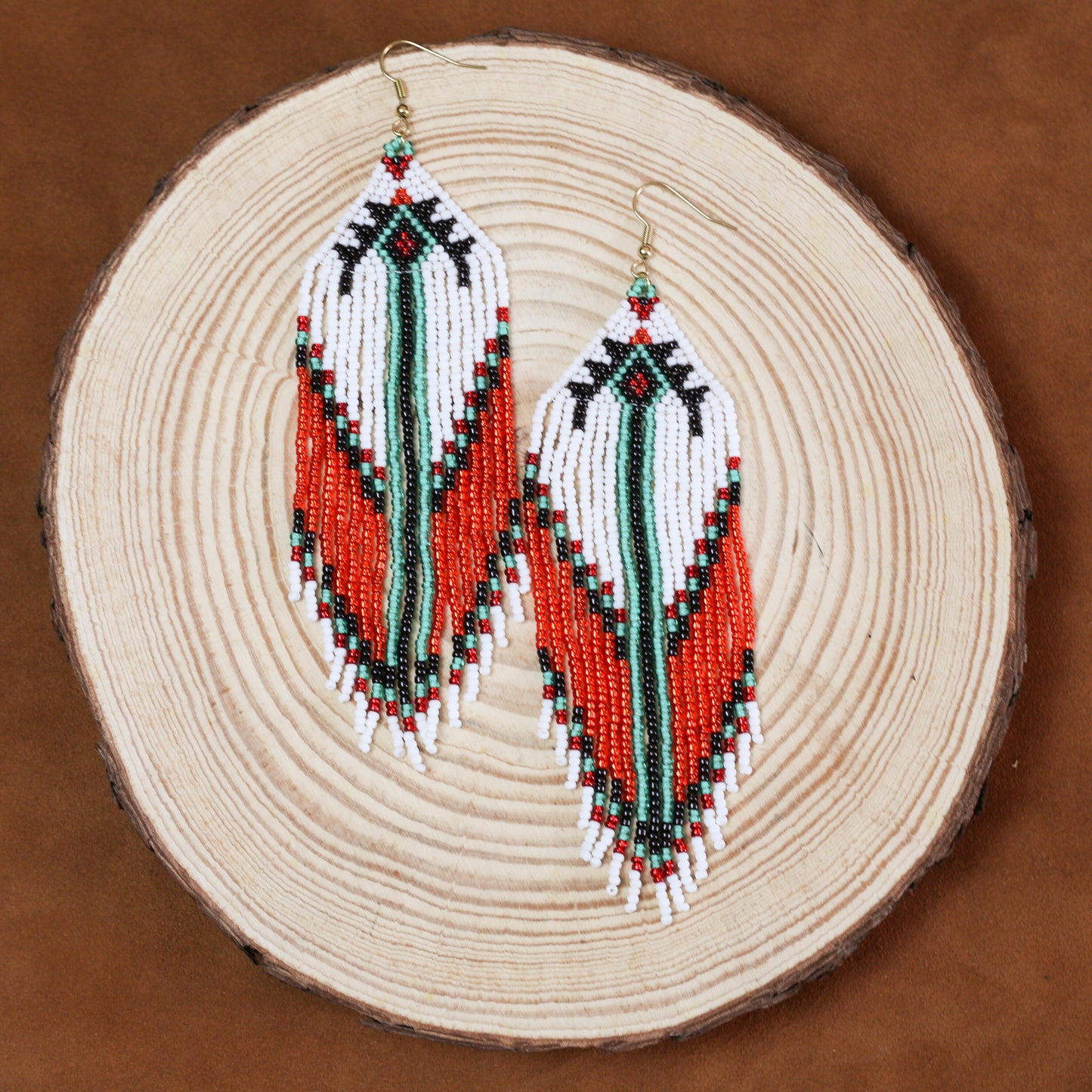 Handmade Native Beaded Tassel Earrings – Red, White, and Green