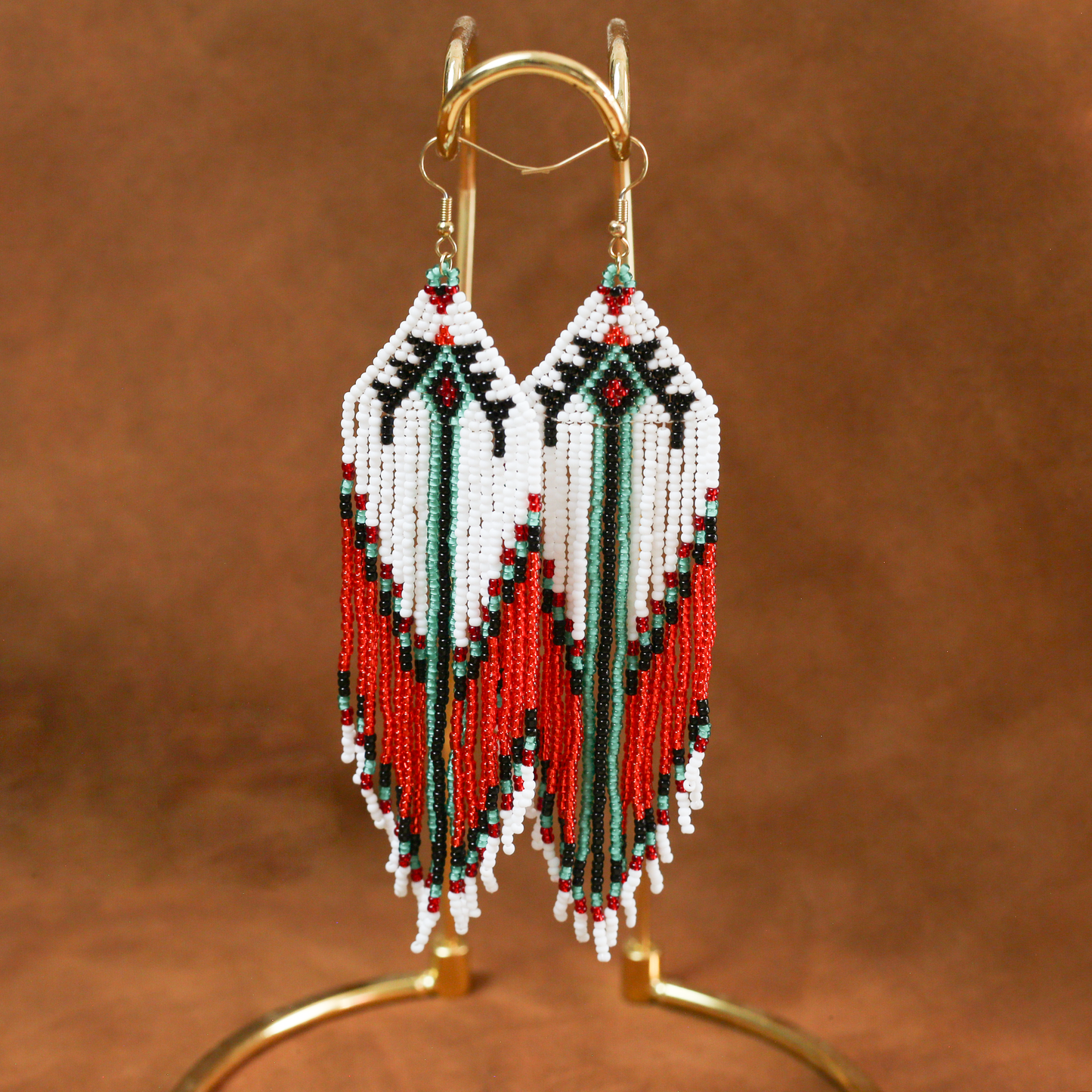 Handmade Native Beaded Tassel Earrings – Red, White, and Green