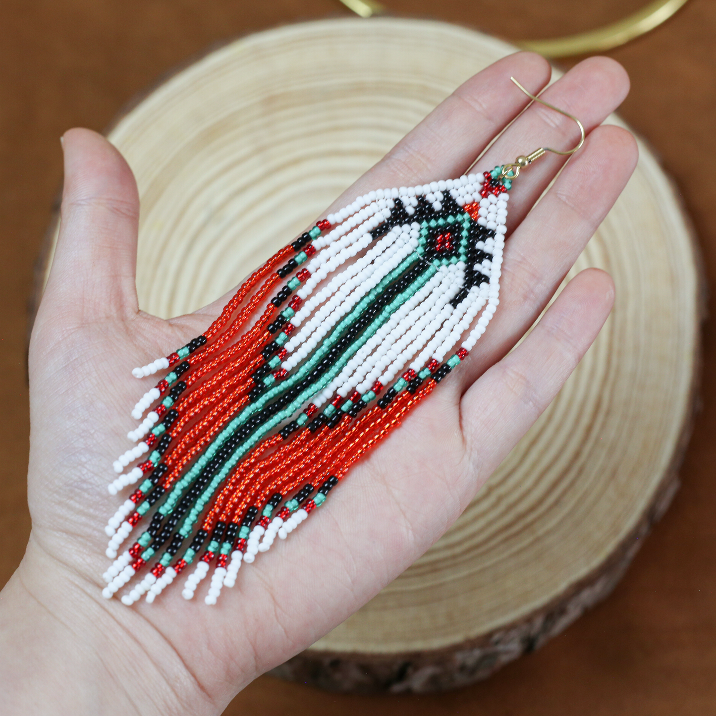Handmade Native Beaded Tassel Earrings – Red, White, and Green