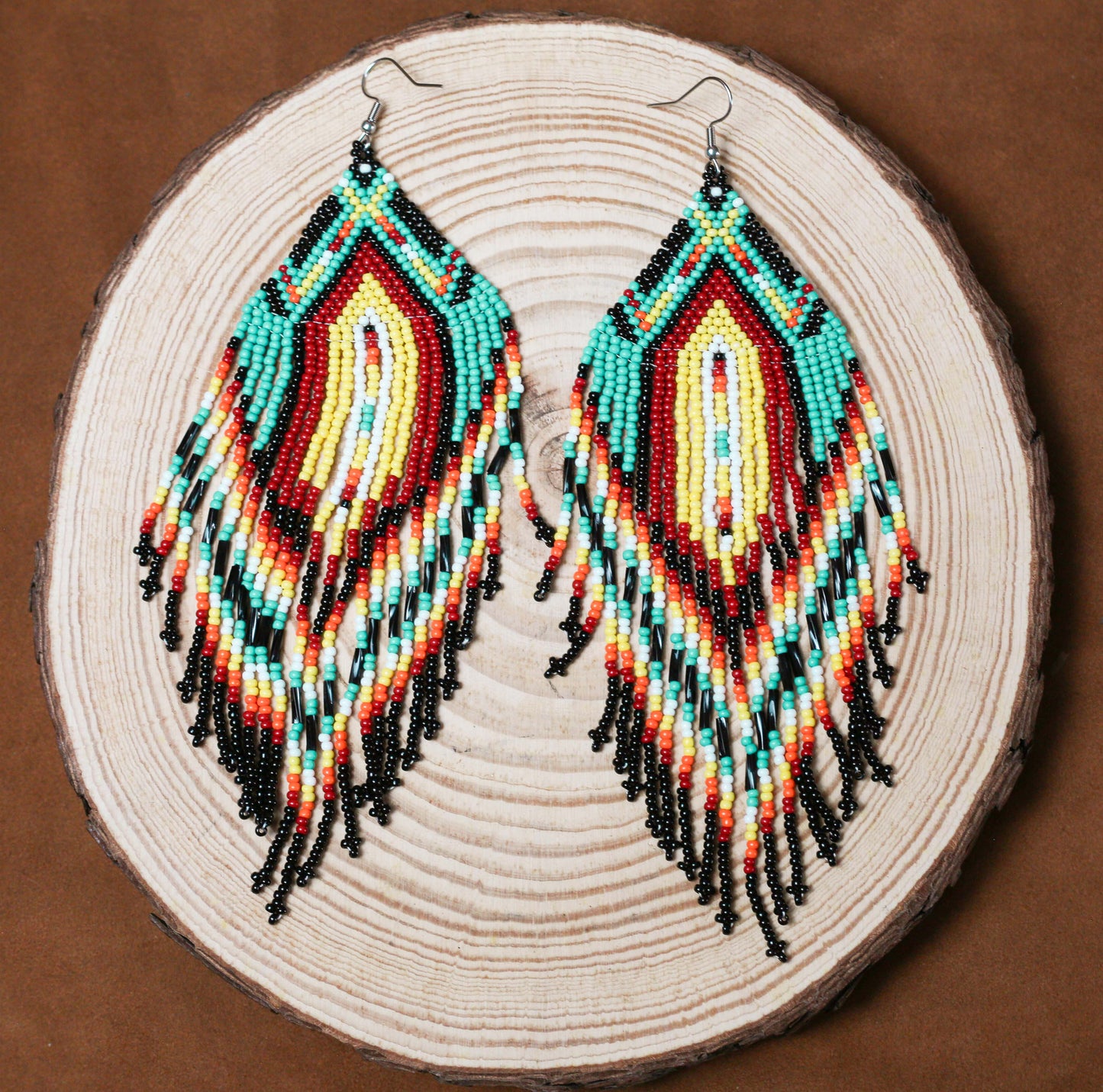 Sacred Feather Beaded Earrings – Vibrant Red, Green, and Yellow with Black Tassels