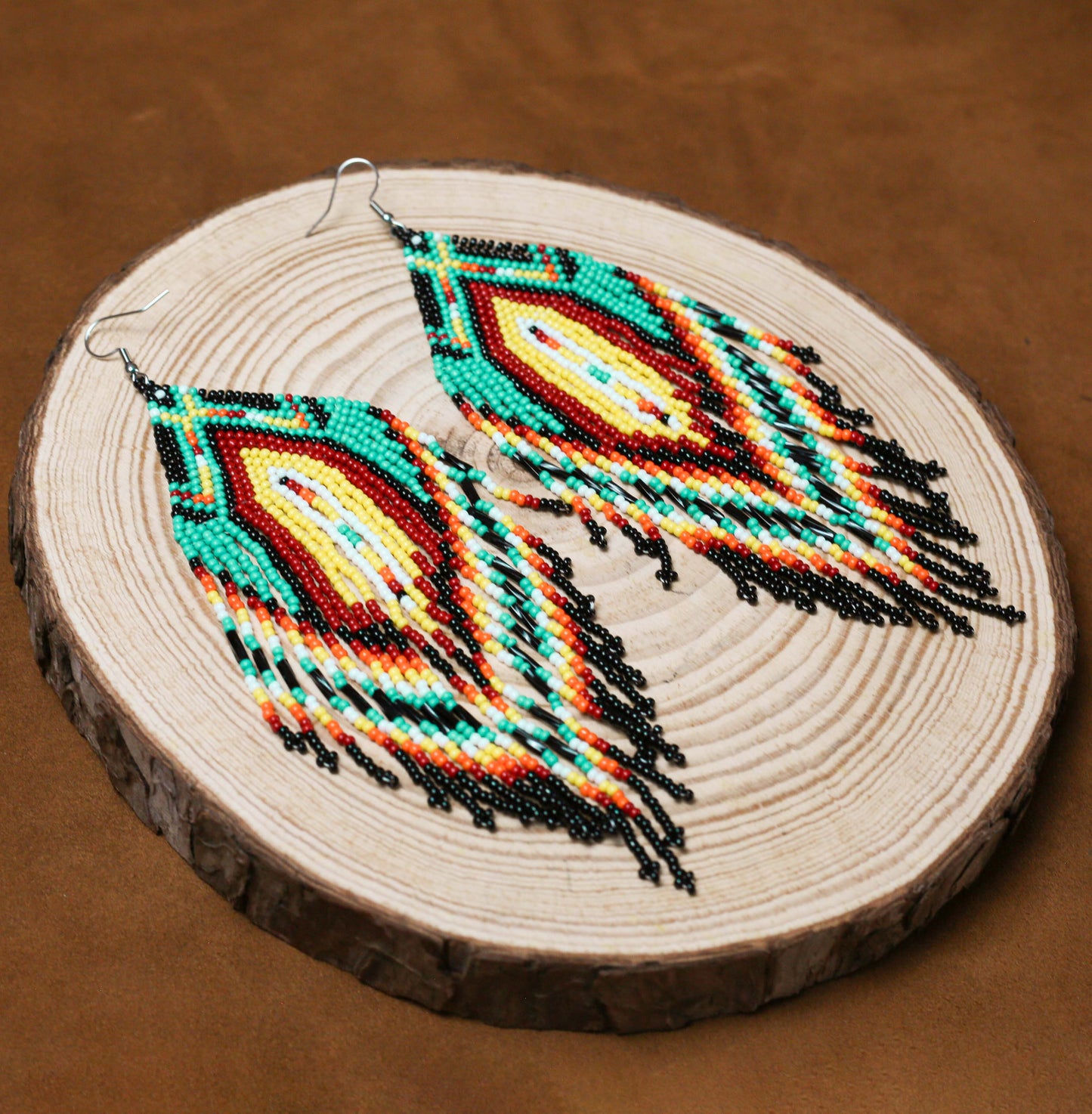 Sacred Feather Beaded Earrings – Vibrant Red, Green, and Yellow with Black Tassels