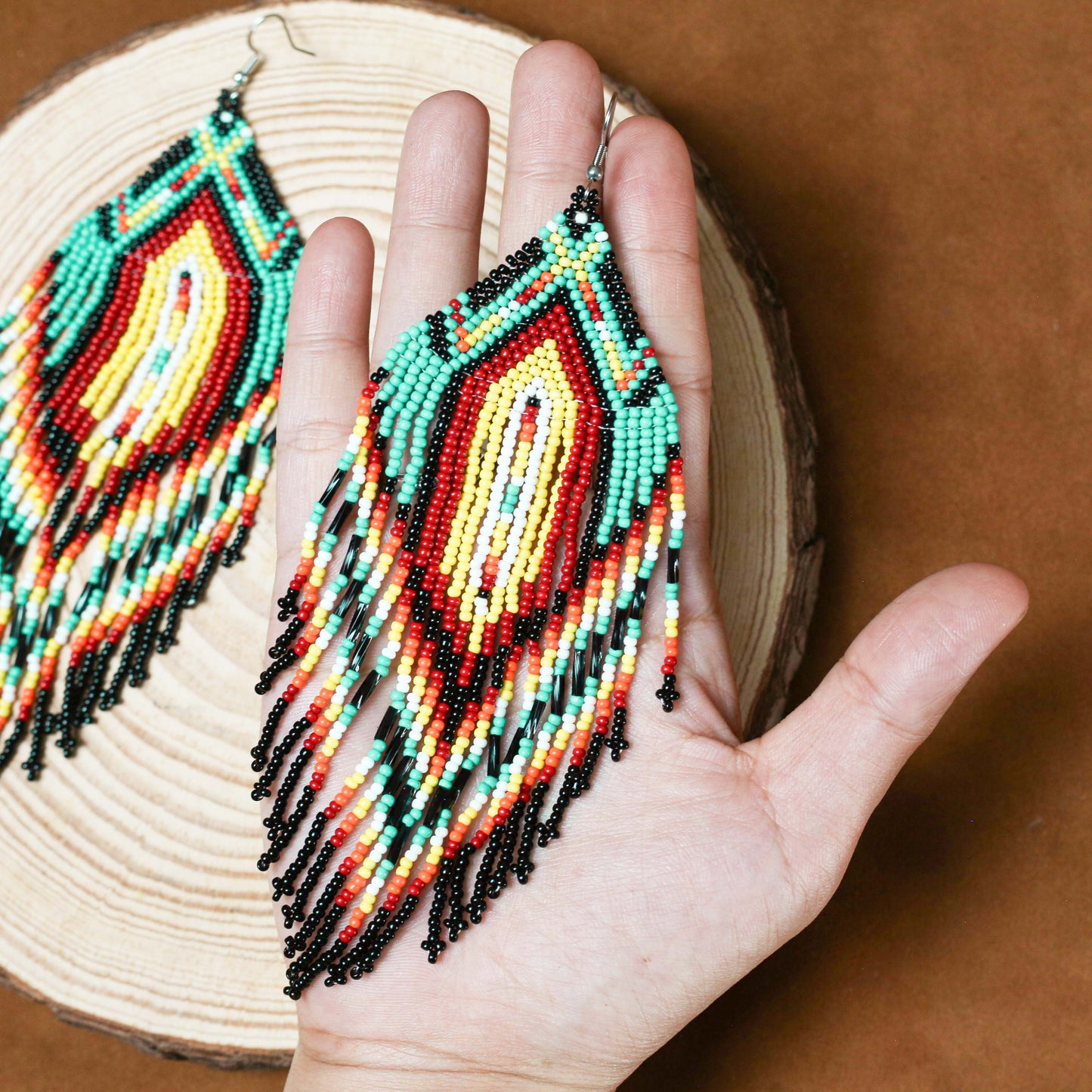 Sacred Feather Beaded Earrings – Vibrant Red, Green, and Yellow with Black Tassels