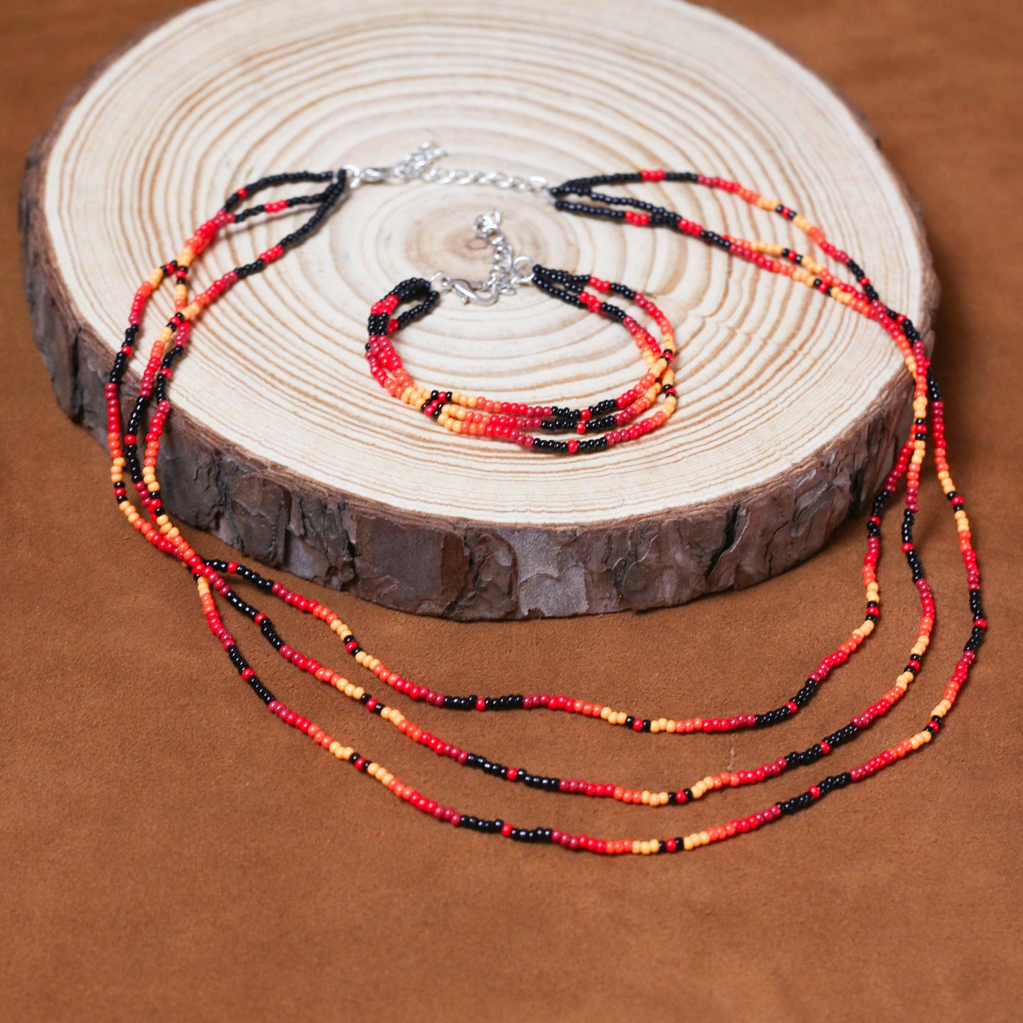 Sunset Harmony Beaded Necklace and Bracelets Set – Red, Orange, Yellow, and Black Design