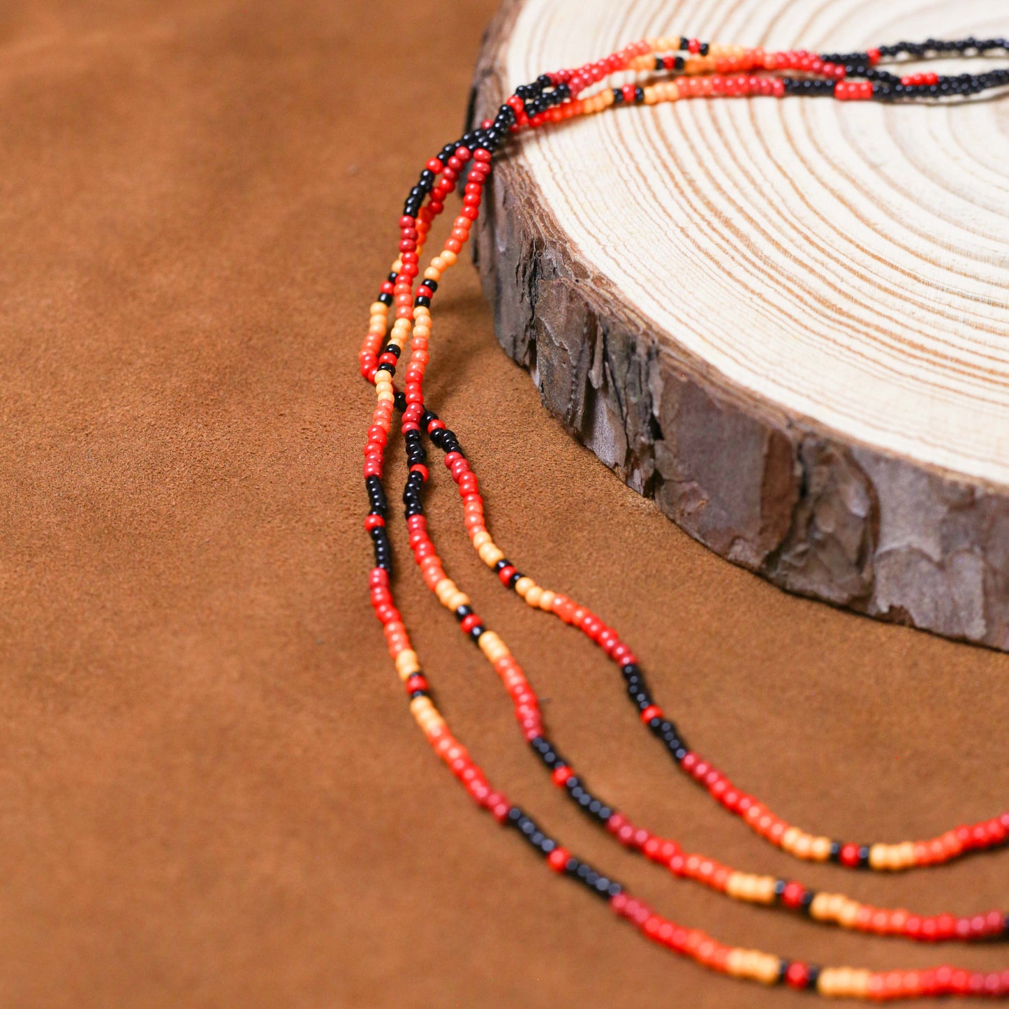 Sunset Harmony Beaded Necklace and Bracelets Set – Red, Orange, Yellow, and Black Design
