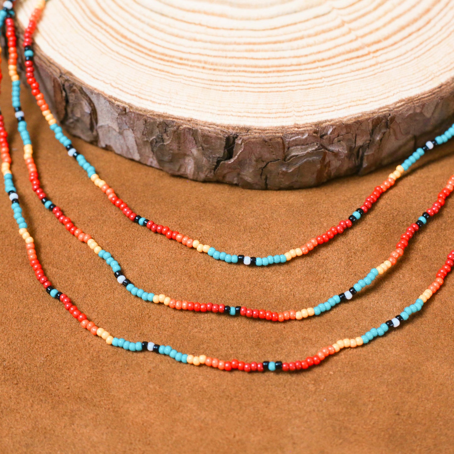 Sunset Glow Beaded Necklace And Bracelets Set – Multi-Strand with Red, Orange, and Turquoise Beads