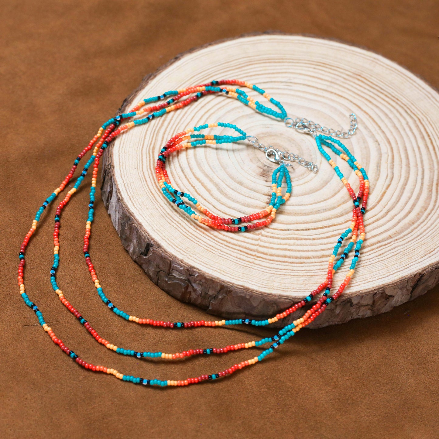 Sunset Glow Beaded Bracelet โ Multi-Color Design with Red, Yellow, and Turquoise