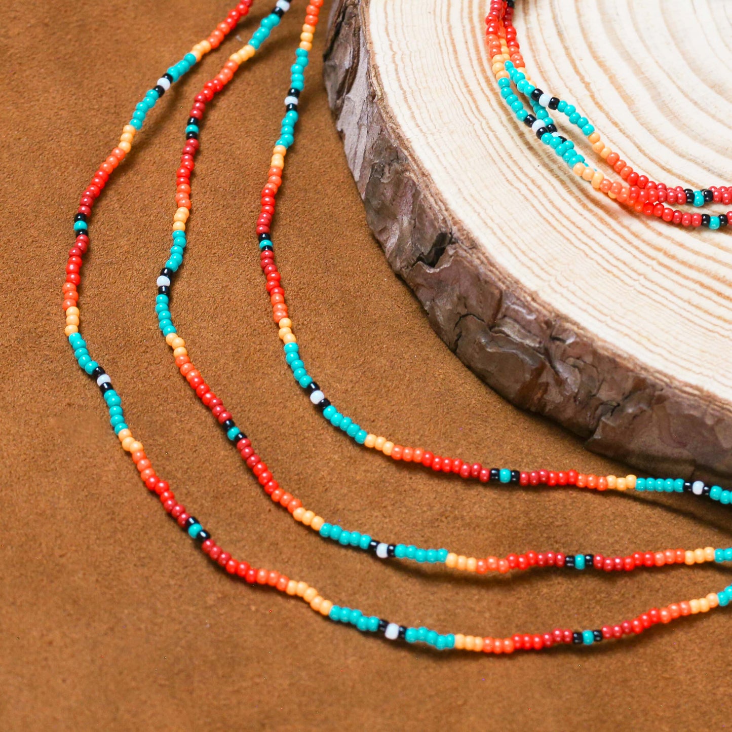 Sunset Glow Beaded Necklace And Bracelets Set – Multi-Strand with Red, Orange, and Turquoise Beads