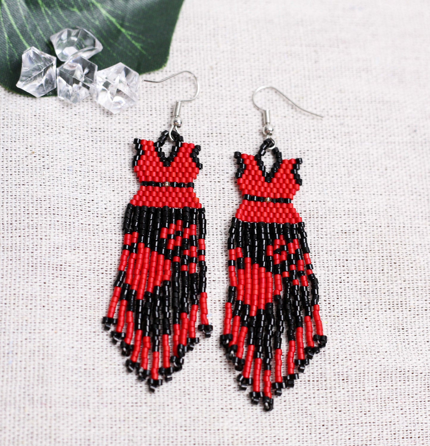 Native American Beaded Dress Earrings - Red And Black