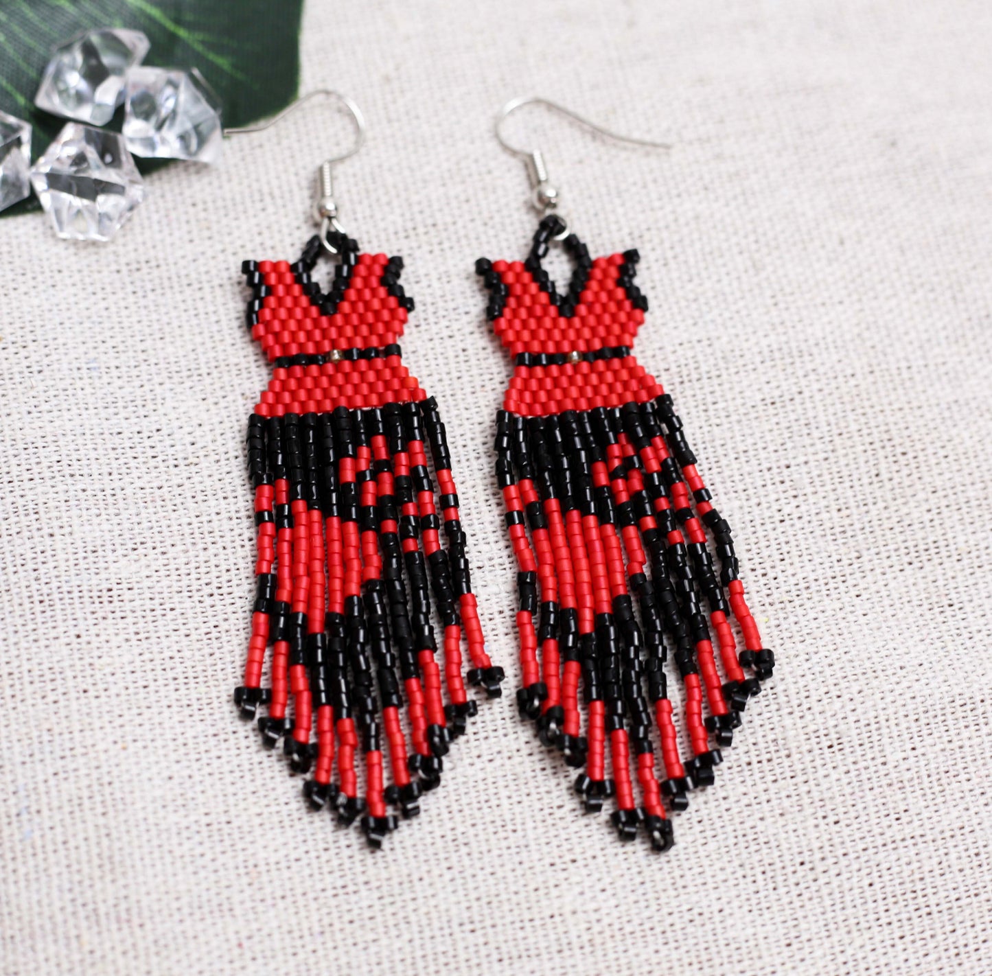 Native American Beaded Dress Earrings - Red And Black