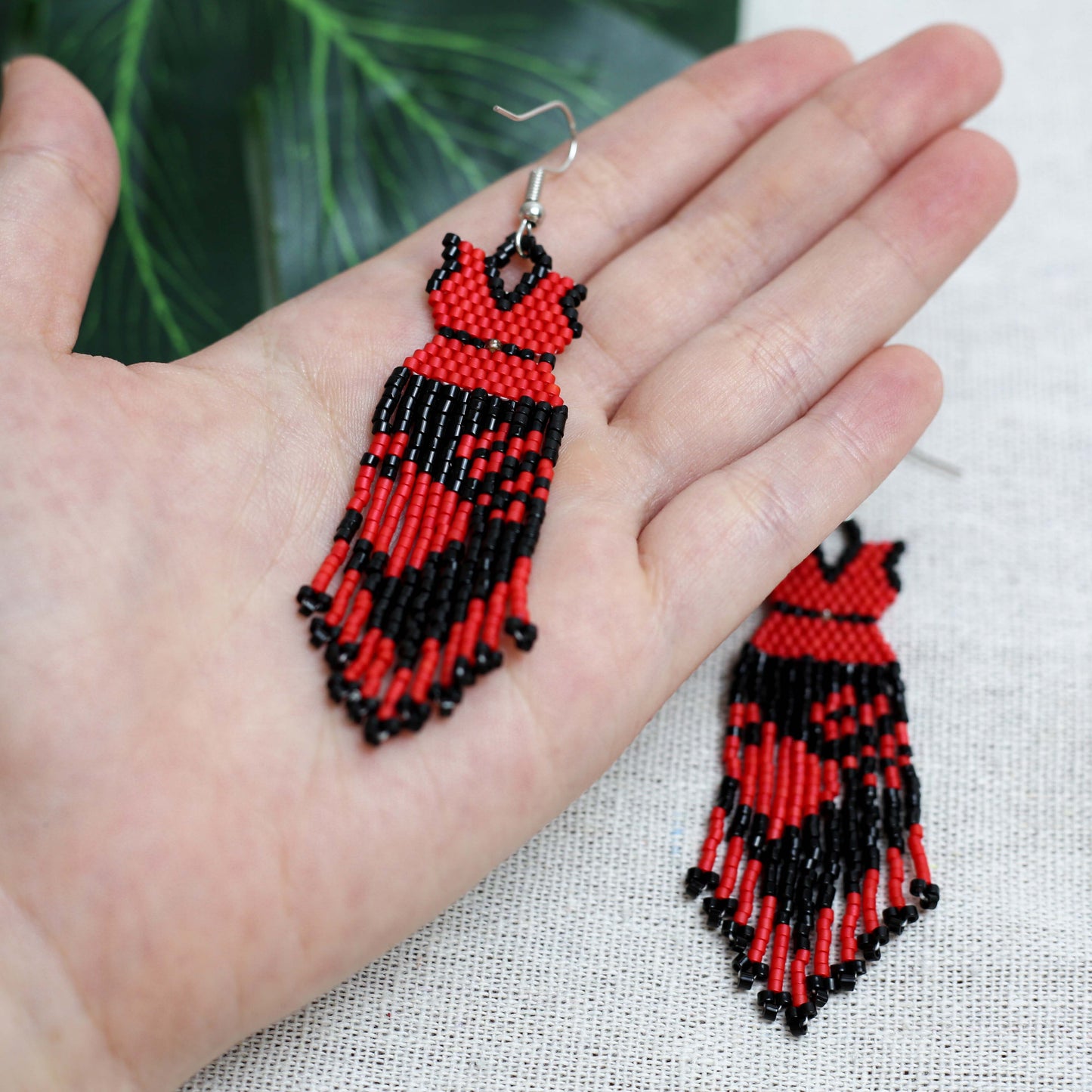 Native American Beaded Dress Earrings - Red And Black