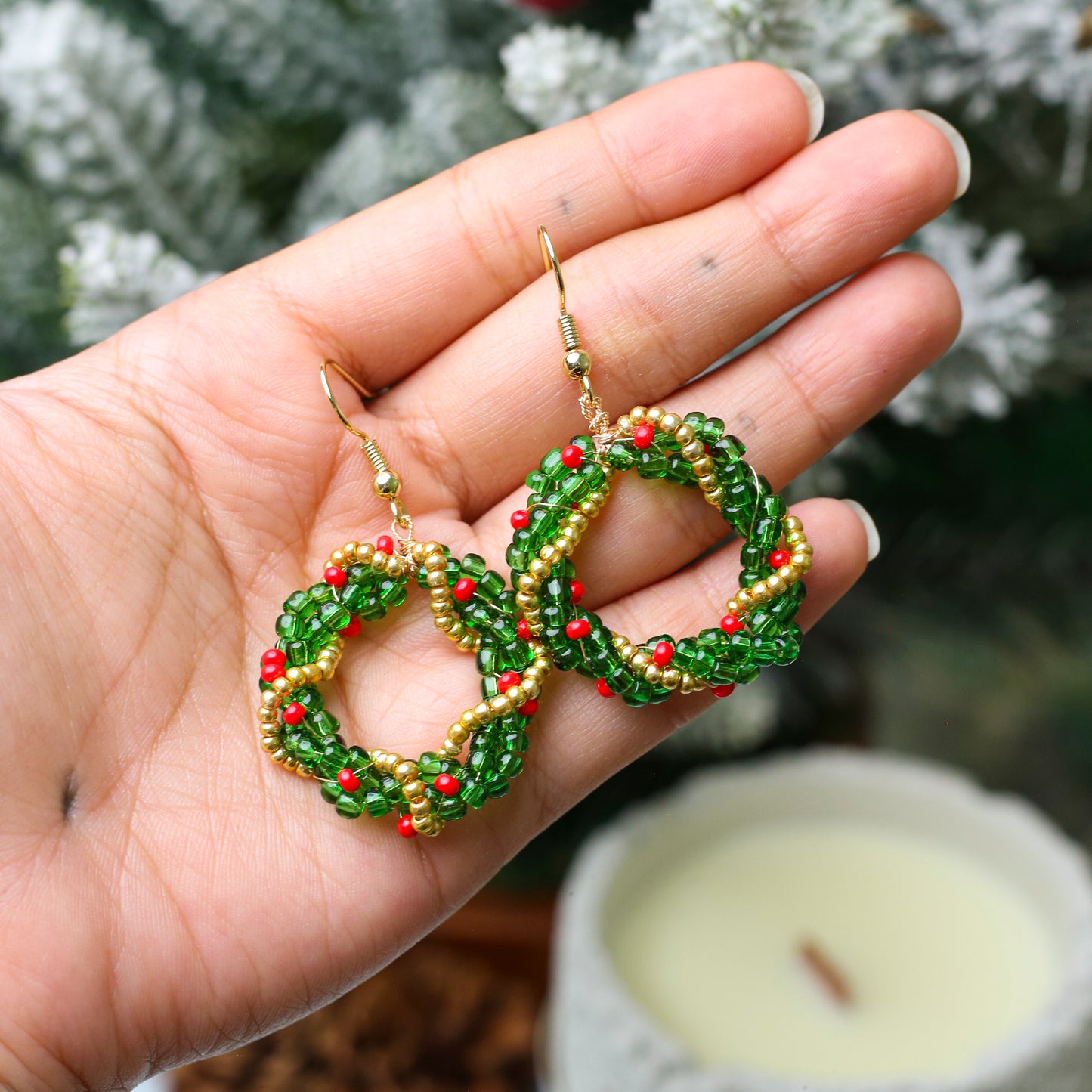 Native-Inspired Beaded Christmas Wreath Earrings