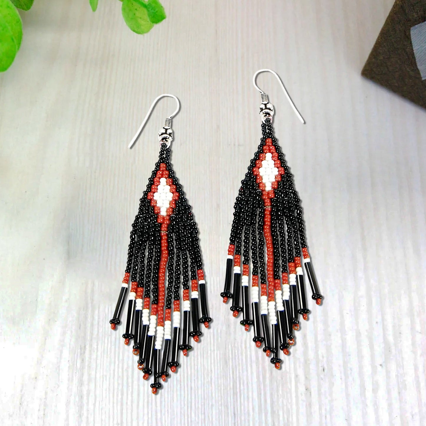 Black Seed Bead Pattern Beaded Handmade Earrings For Women