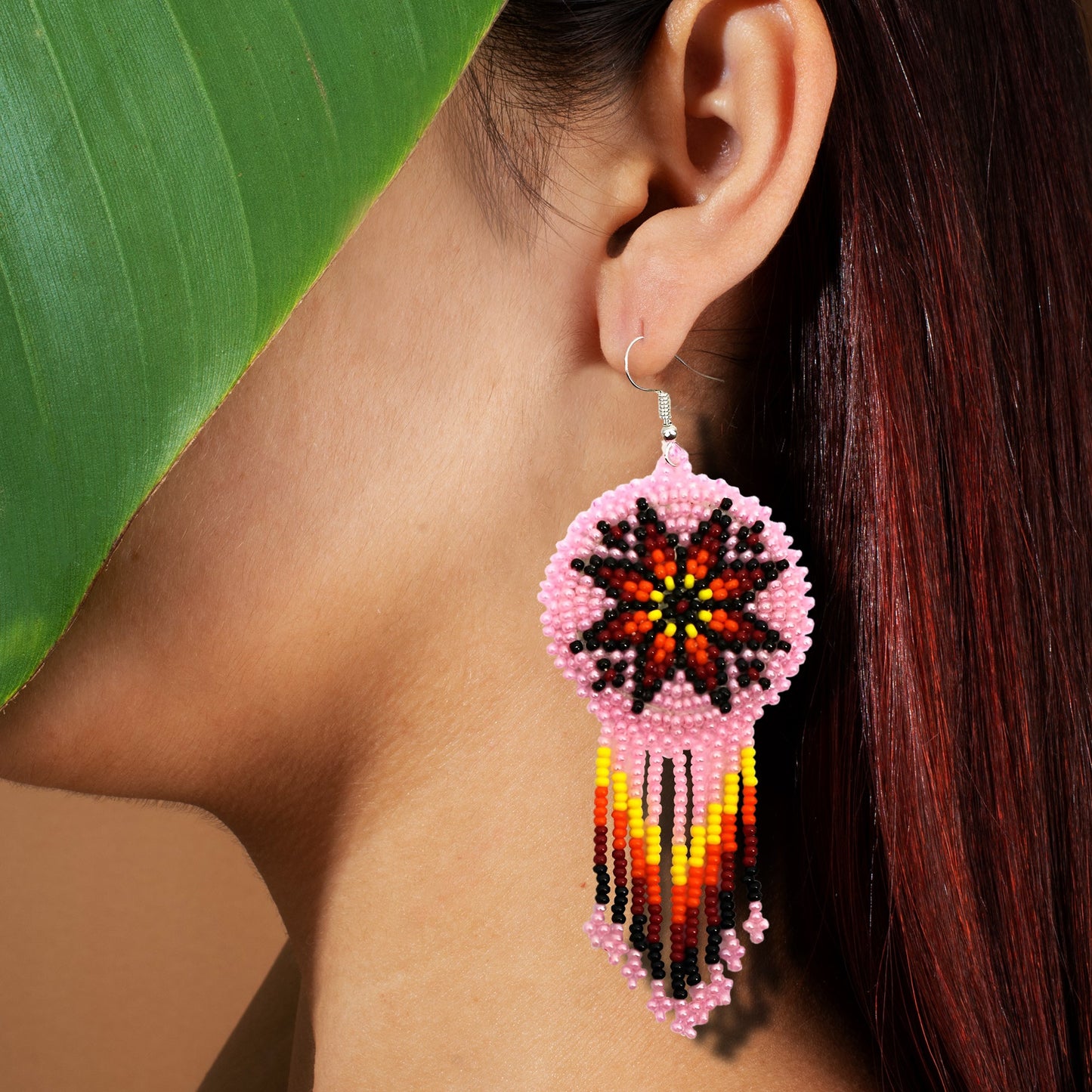 Pink Fire Color Round Beaded Handmade Earrings For Women