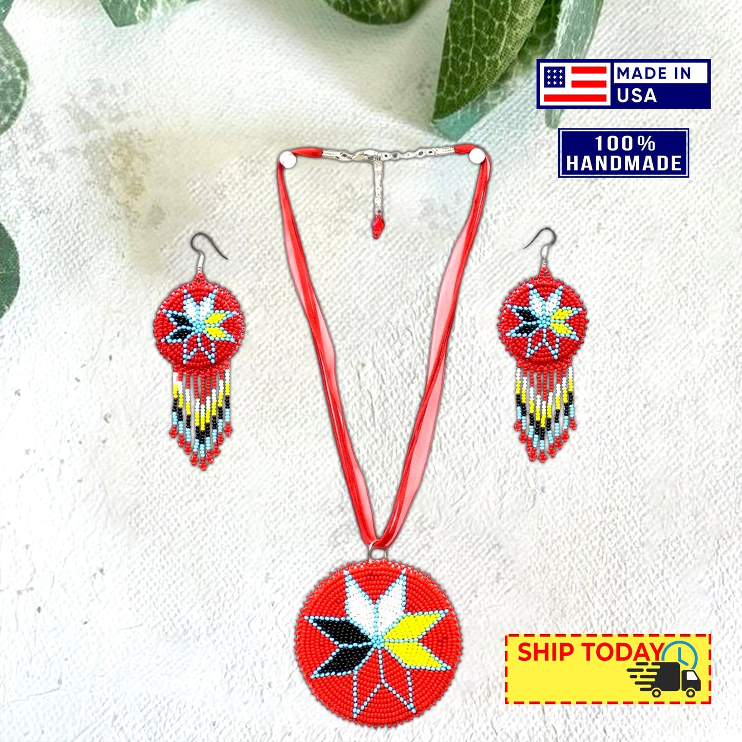 Handmade Beaded Red Medallion 4 Directions Necklace Earrings Set