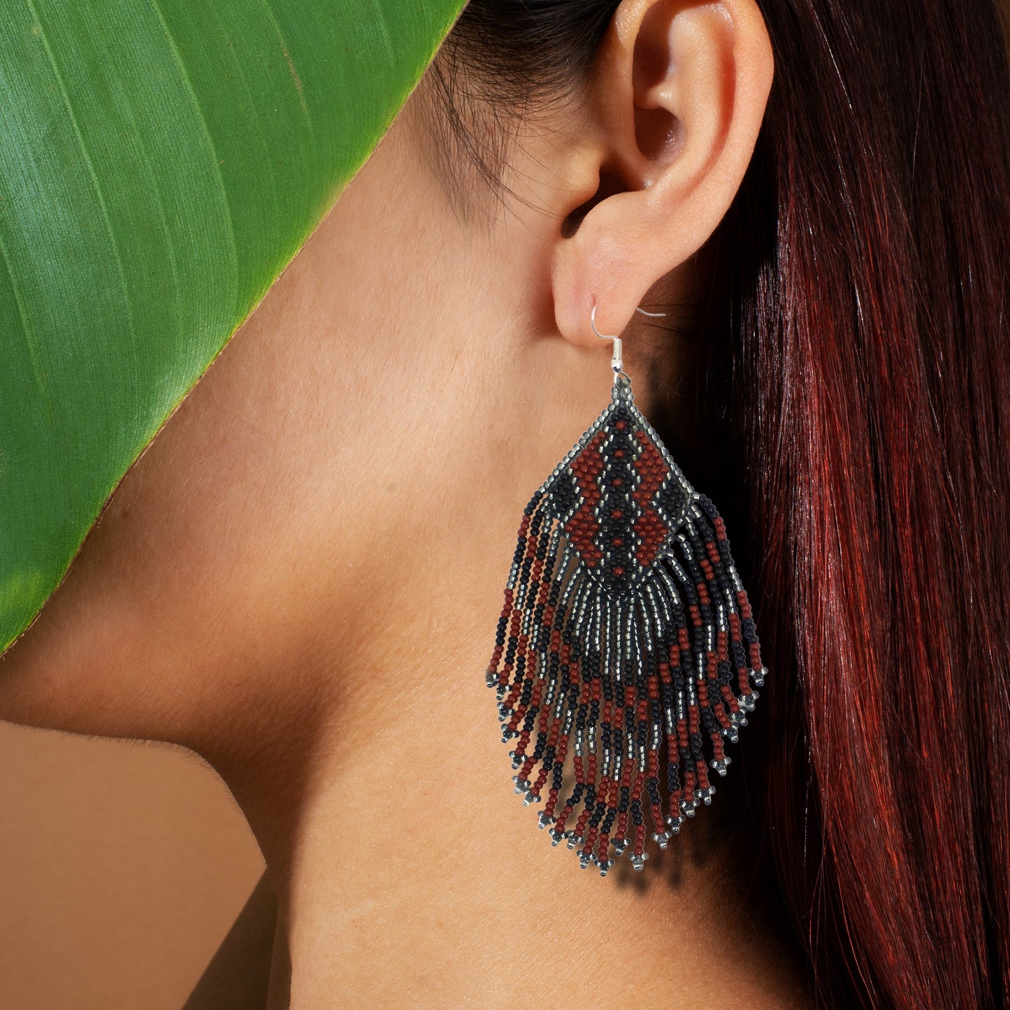 Brown Grey Beaded Handmade Earrings For Women