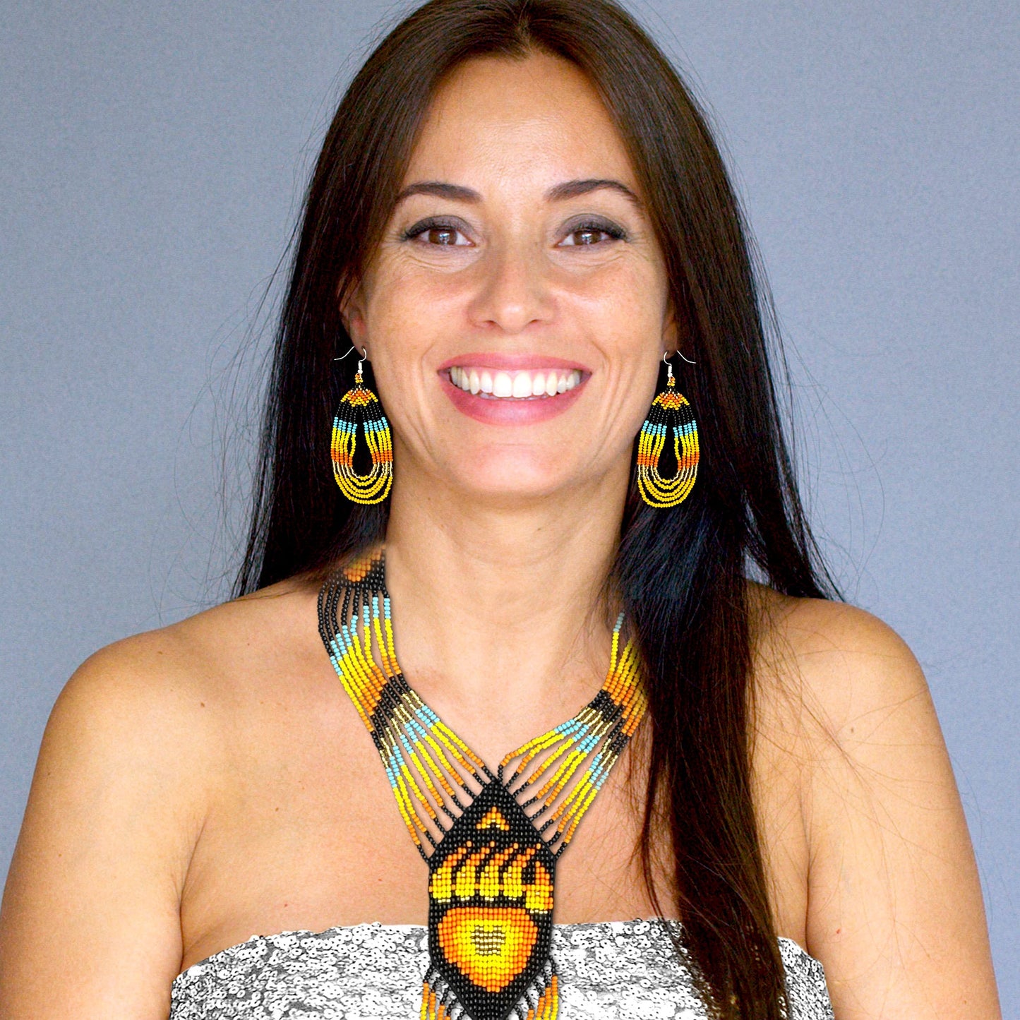 Orange Black Fire Seed Beaded Necklace Earrings Bear Paw Beadwork
