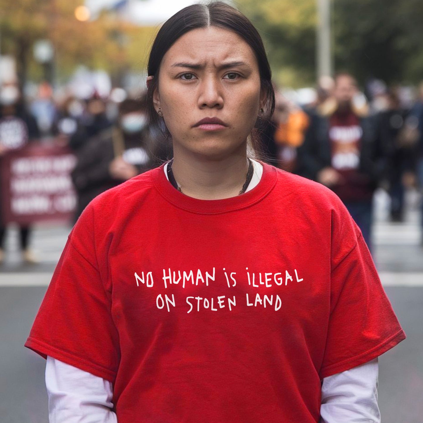 No Human Is Illegal on Stolen Land Unisex T-Shirt/T-Shirt V-Neck/Hoodie/Sweatshirt - Support for Indigenous Rights, Immigrant Justice
