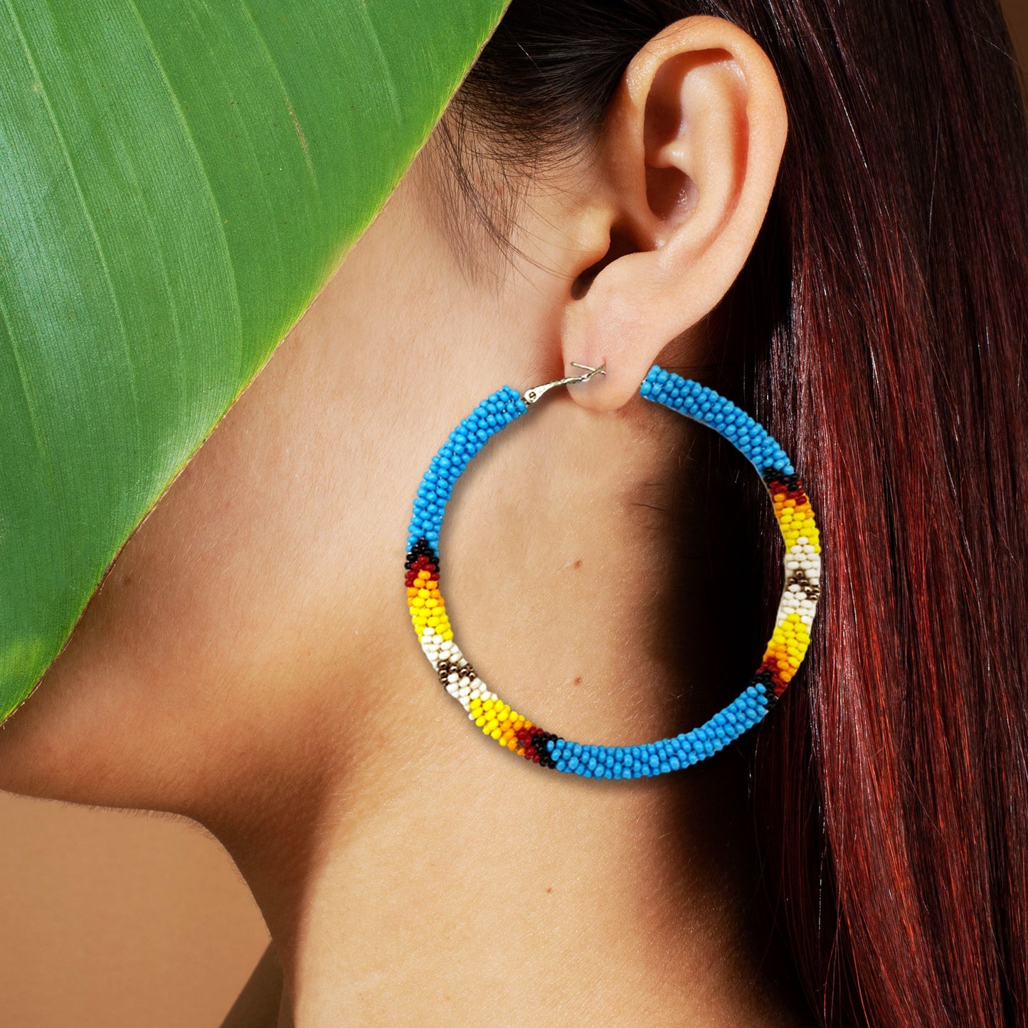 Handmade Cyan Blue 3-Inch Hoop Beaded Earrings for Women