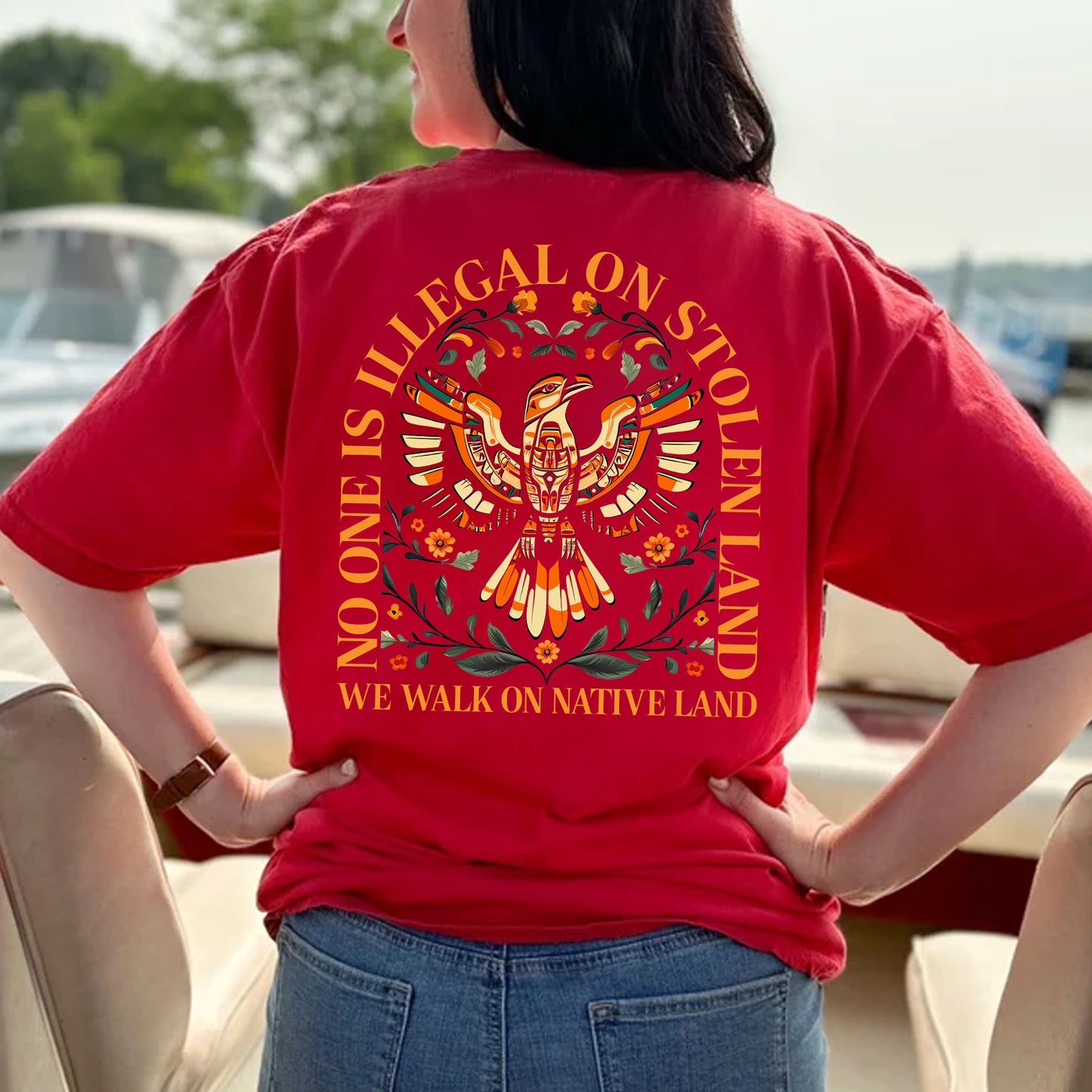 NO ONE IS ILLEGAL ON STOLEN LAND. WE WALK ON NATIVE LAND 23 - Two sides - Unisex T-Shirt/T-Shirt V-Neck/Hoodie/Sweatshirt