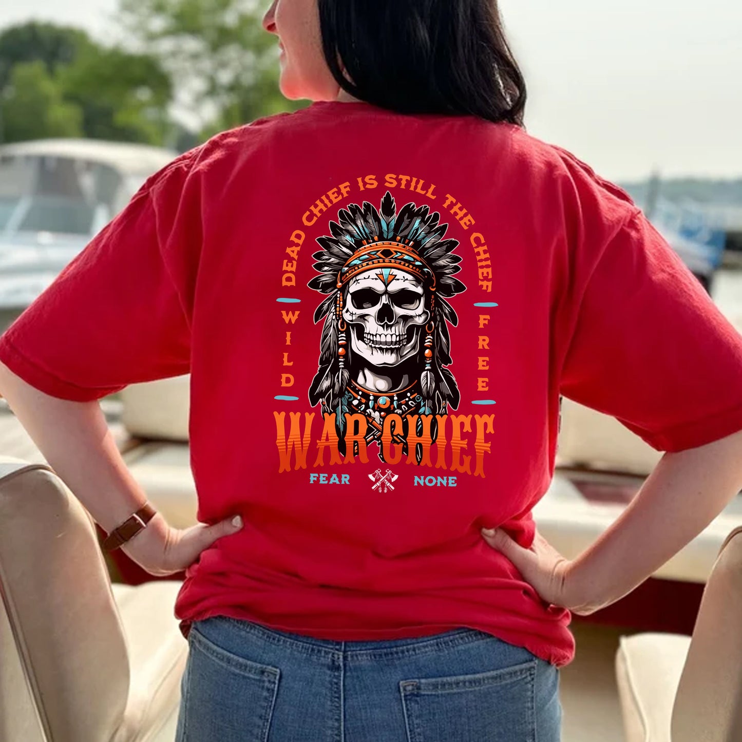 Native Inspired War Chief Skull Fear None Wild Free- Two sides - Unisex T-Shirt/T-Shirt V-Neck/Hoodie/Sweatshirt