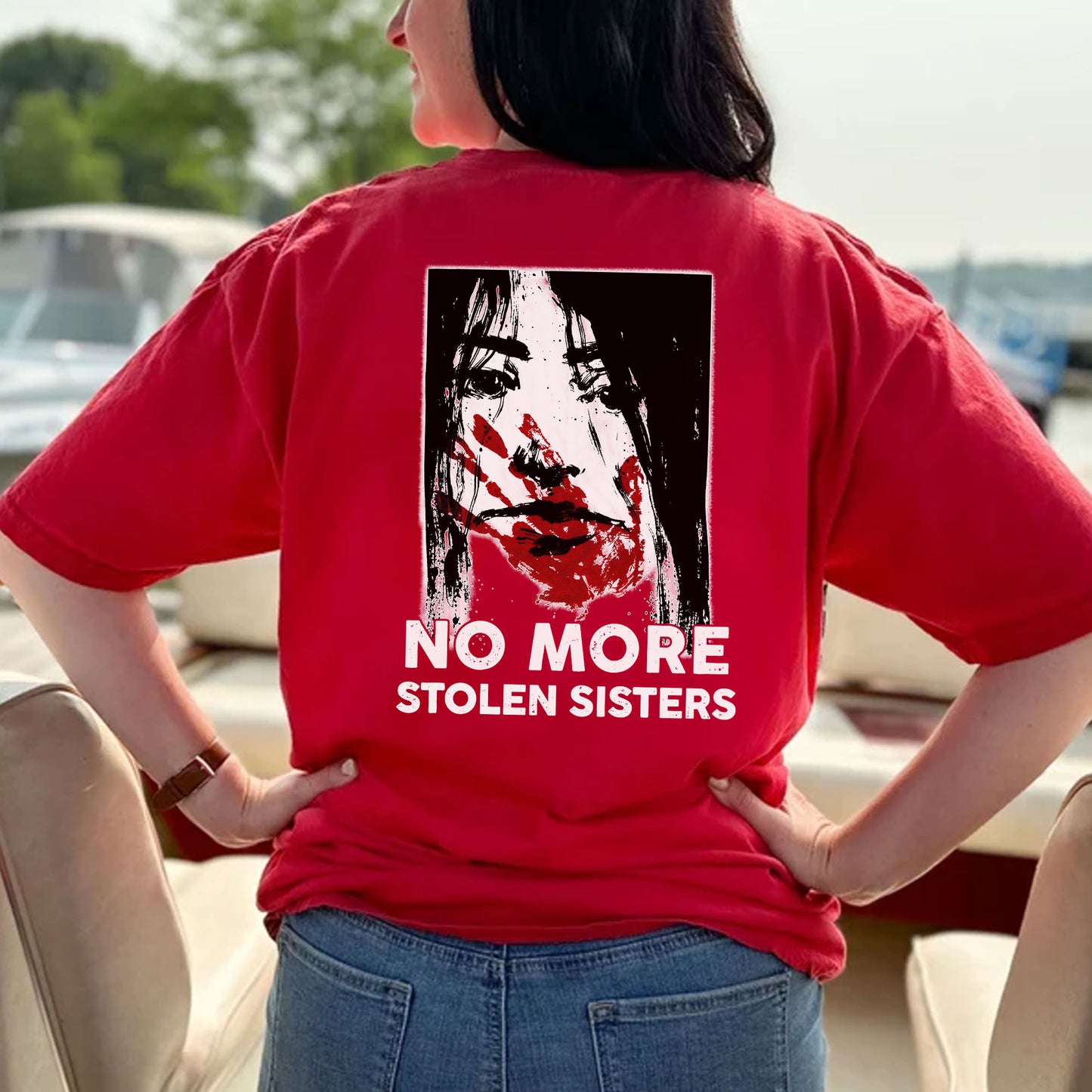 No More Stolen Sisters Red Hand - Two Sides - MMIW Unisex T-Shirt/Hoodie/V-Neck/Sweatshirt