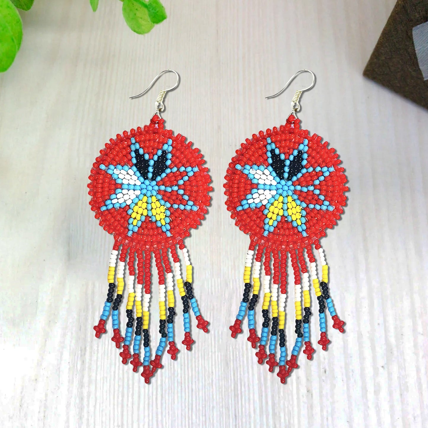 Red 4 Directions Round Fringe Beaded Handmade Earrings For Women