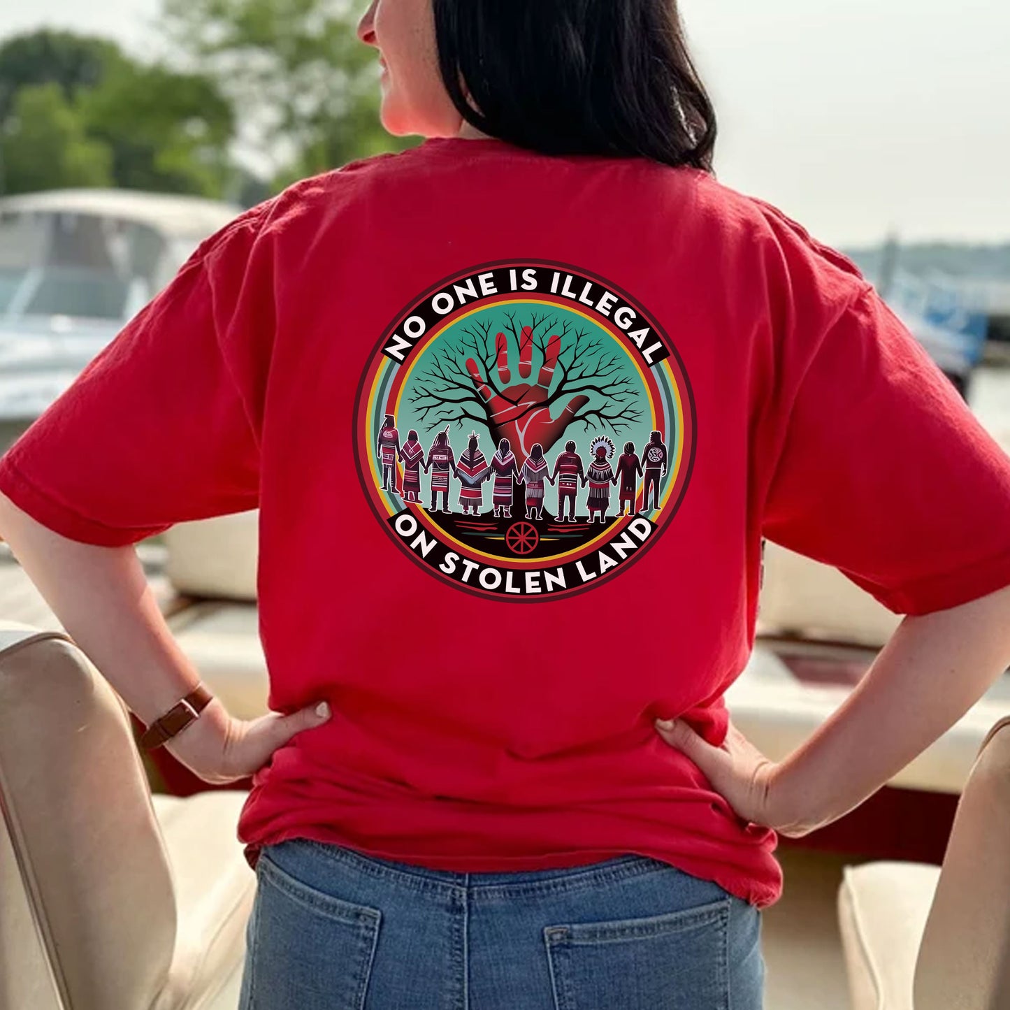 No One Is Illegal On Stolen Land β Indigenous Rights Unisex - Two sides - T-Shirt/T-Shirt V-Neck/Hoodie/Sweatshirt